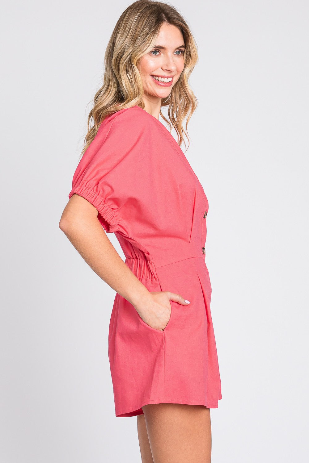 Half Button V-Neck Linen Romper -Pink |Jlouren