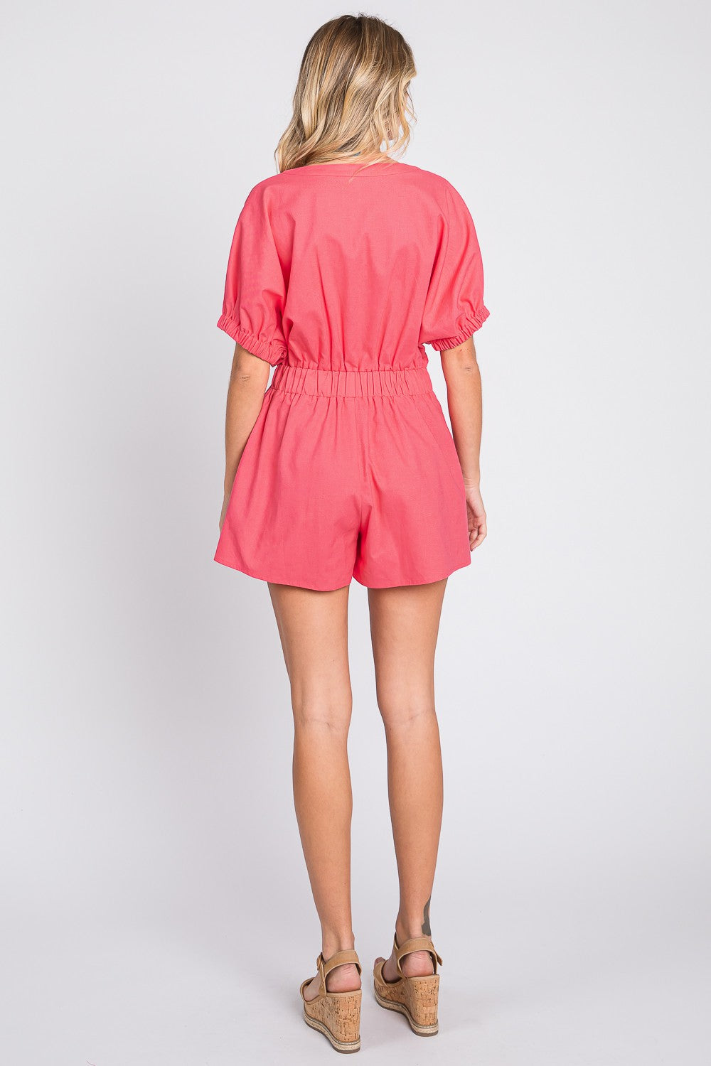Half Button V-Neck Linen Romper -Pink |Jlouren