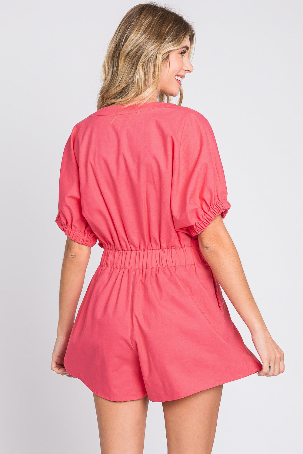 Half Button V-Neck Linen Romper -Pink |Jlouren