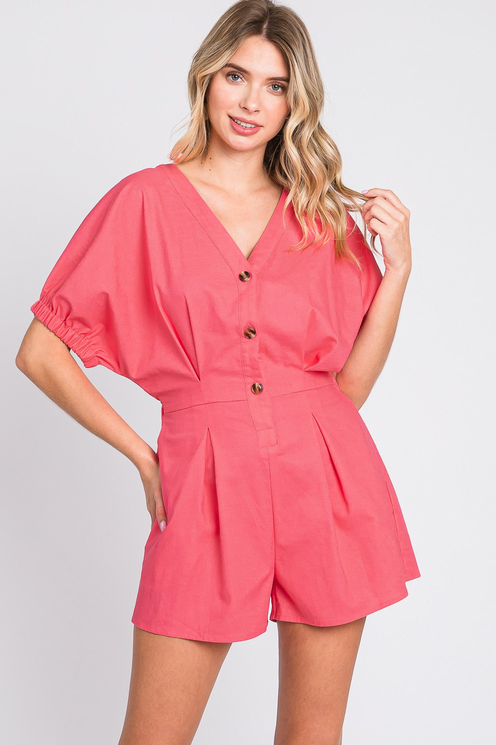 Half Button V-Neck Linen Romper -Pink | Jlouren
