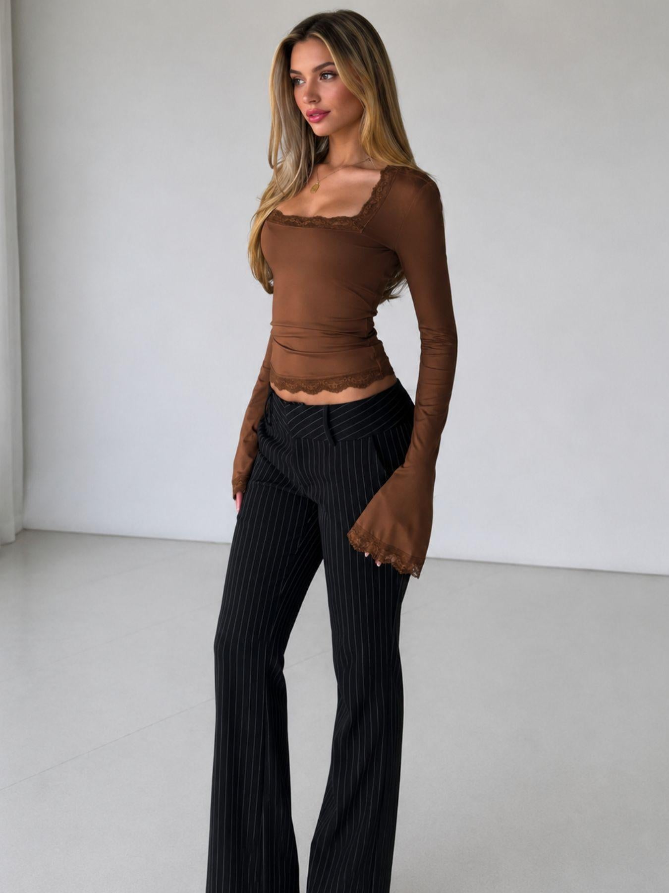 Lace Trim Square Neck Long Sleeve Top