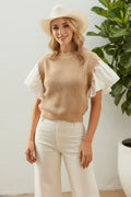 Women's Ruffle Sleeve Knit Sweater Top – Lightweight Flutter Sleeve Crew Neck Pullover