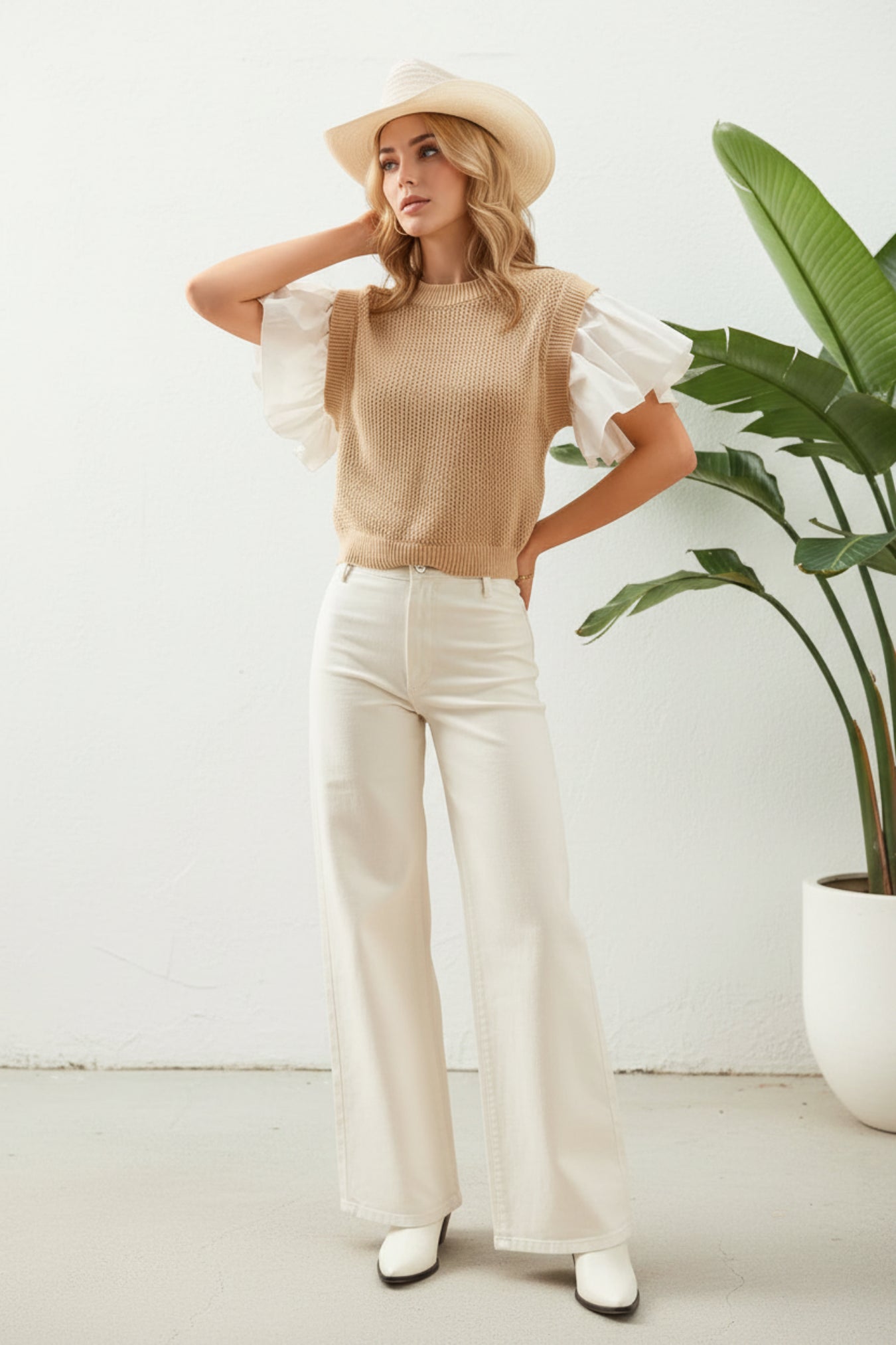 Women's Ruffle Sleeve Knit Sweater Top – Lightweight Flutter Sleeve Crew Neck Pullover