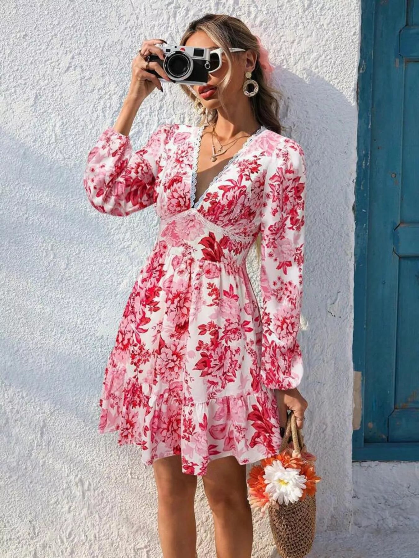 Women’s V-Neck Long Sleeve Ruffle Hem Pink Floral Dress