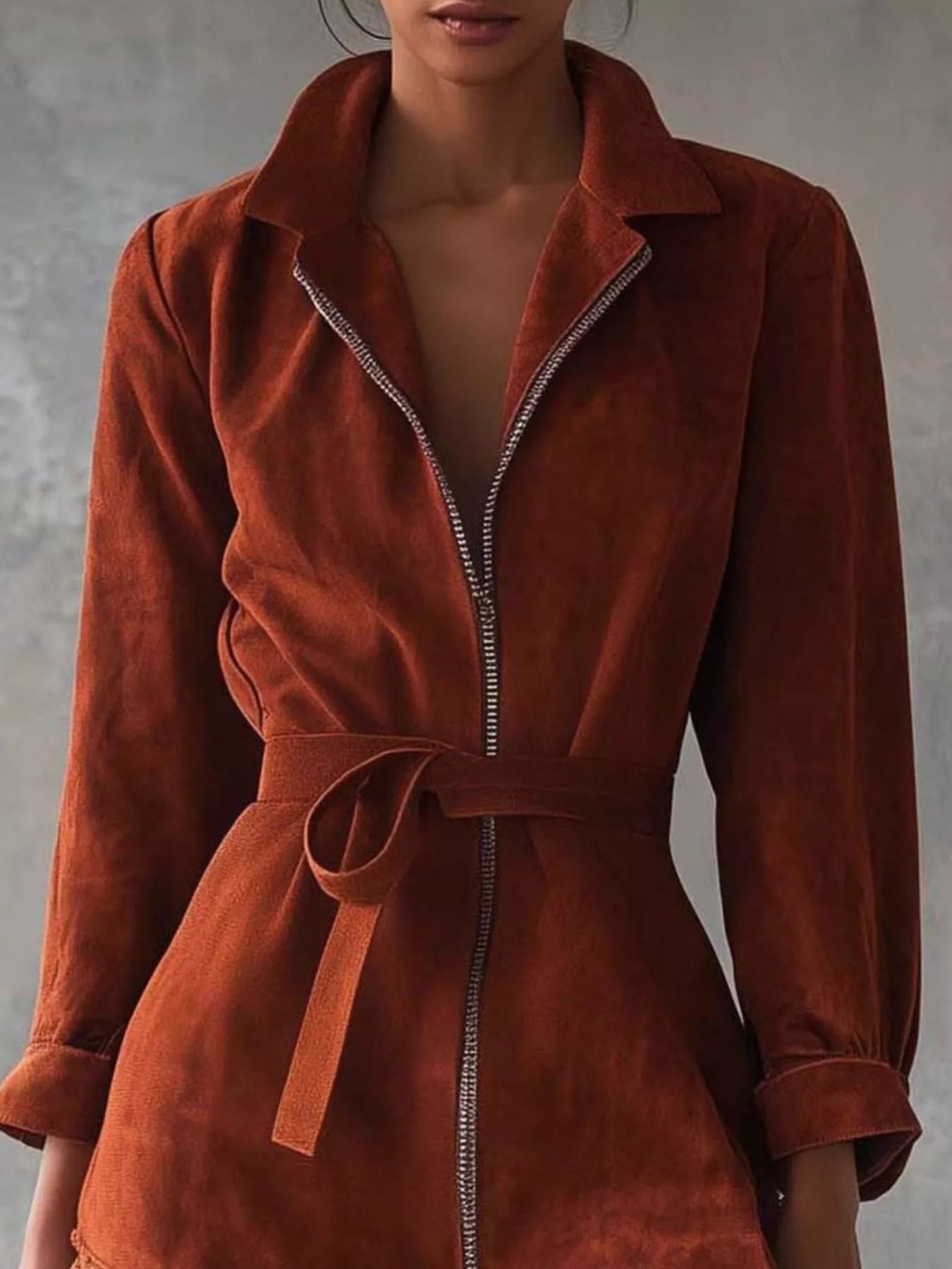 Women’s Red Front Zip Long Sleeve Lace Mini Dress | JLouren