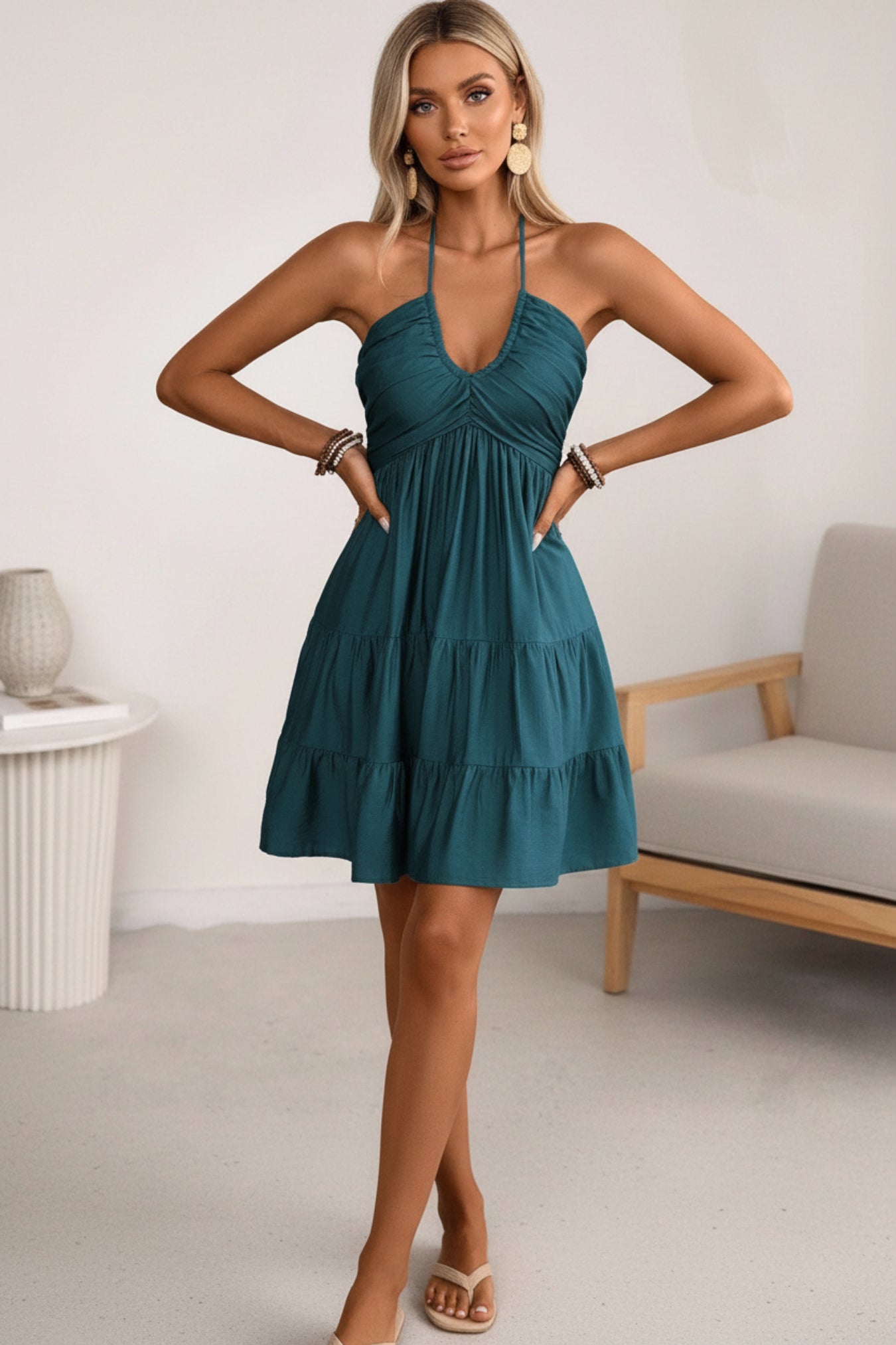 Women Flowy Halter Neck Tiered Summer Dress