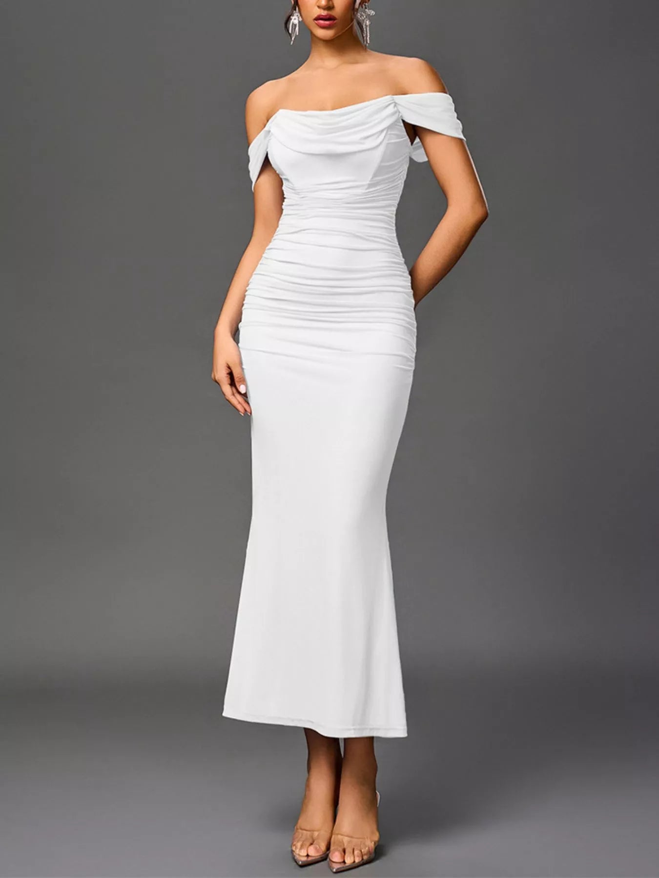 White Off-Shoulder Ruched Mermaid Maxi Dress | Jlouren
