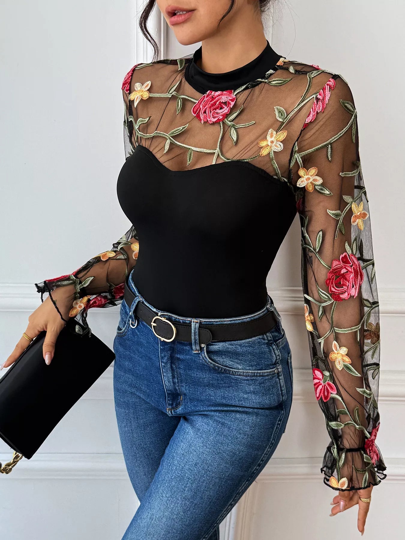 Floral Embroidered Mesh Black Long Sleeve Bodysuit