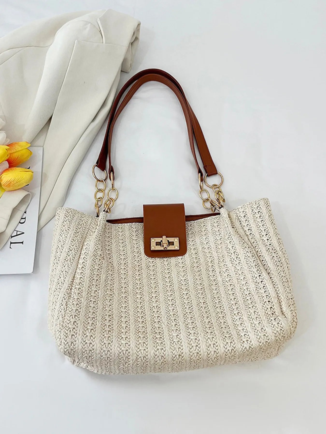 Medium woven straw tote bag with PU leather strap Brown