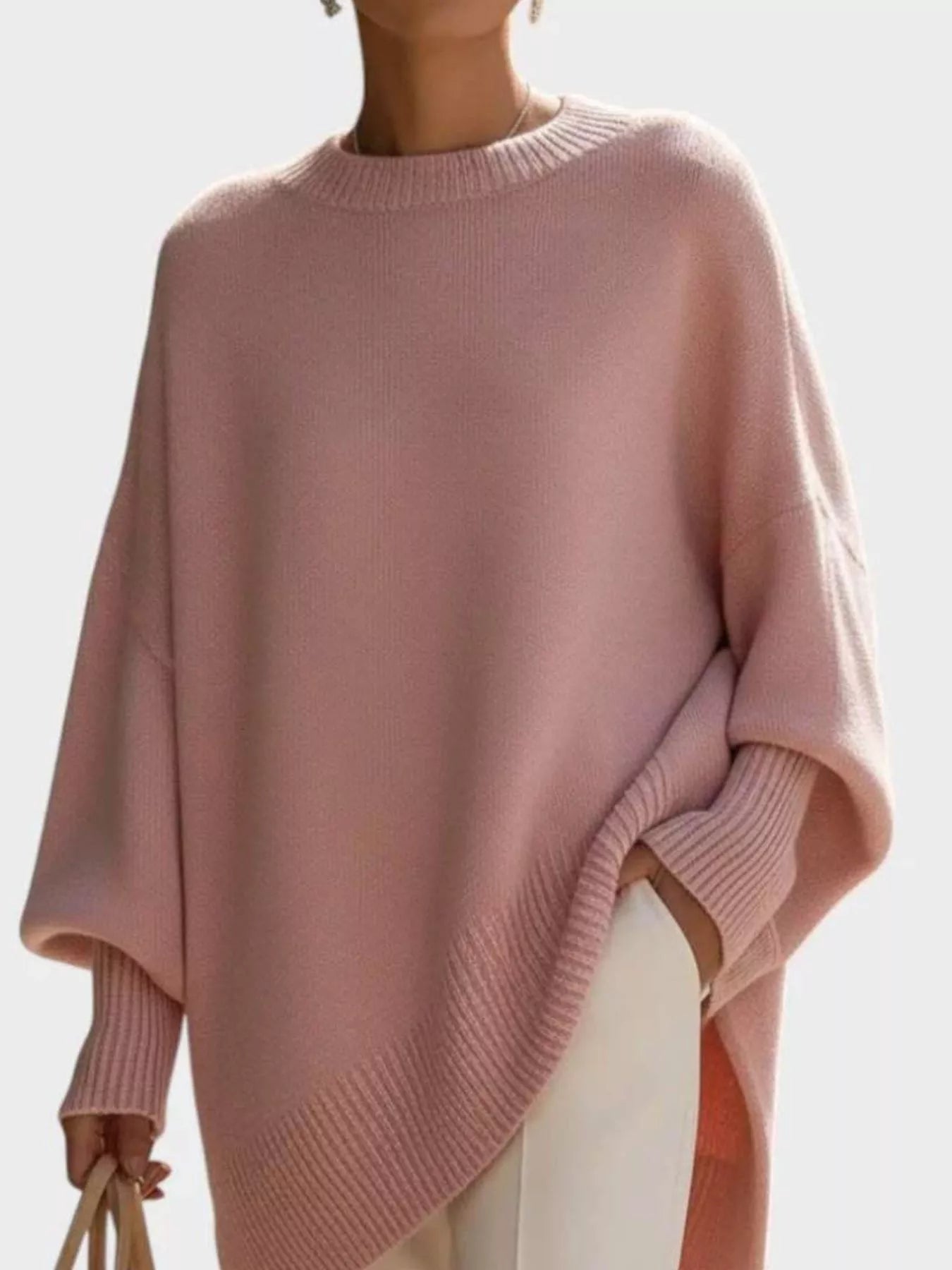 Pink Oversized Round Neck Long Sleeve Sweater | Jlouren