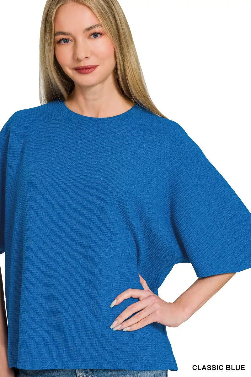 Women’s Blue Loose-Fit Knit Top with Flowy Short Sleeves | JLouren