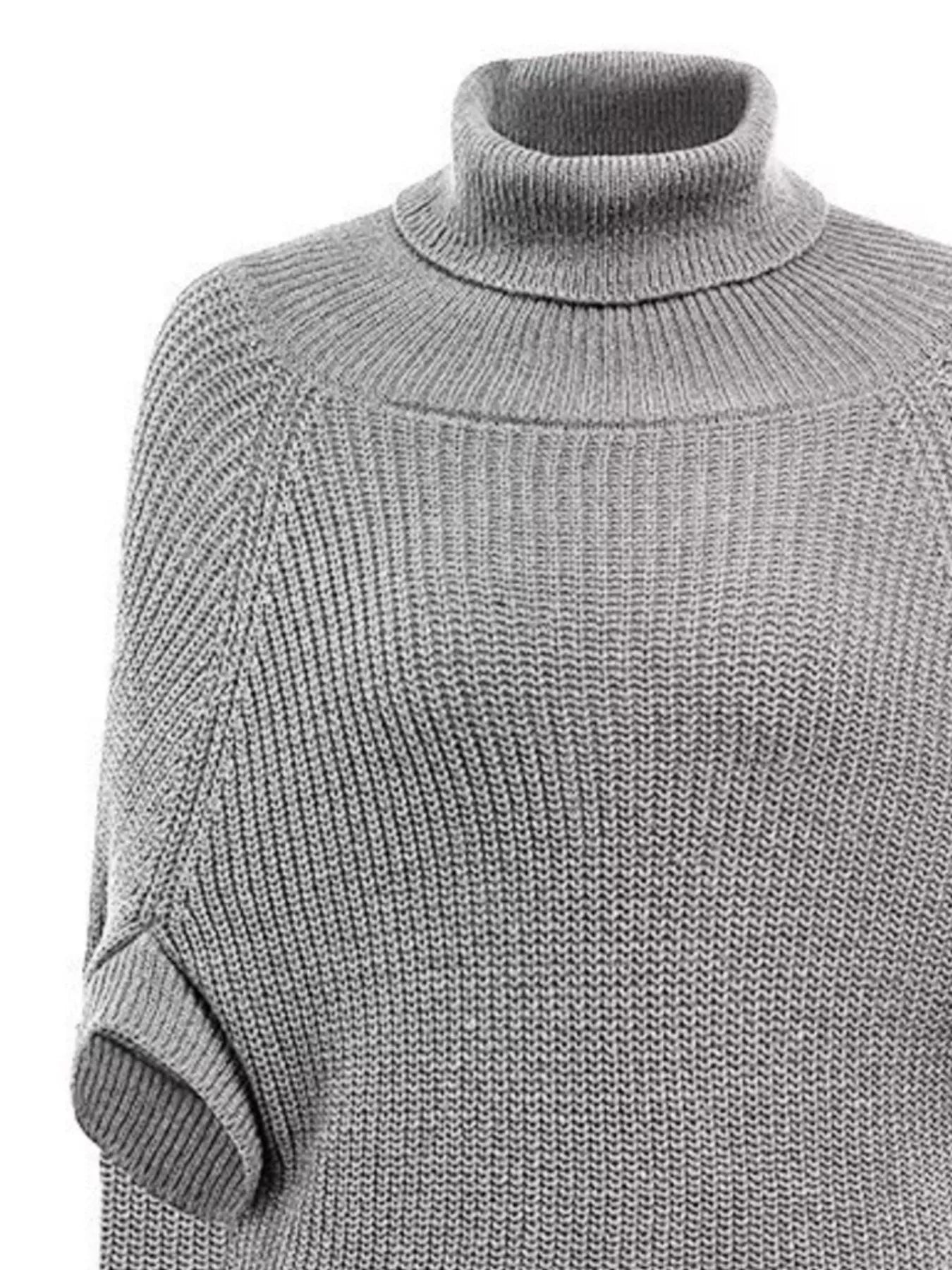 Grey Full Size Cape Turtleneck Knitted Sweater Women