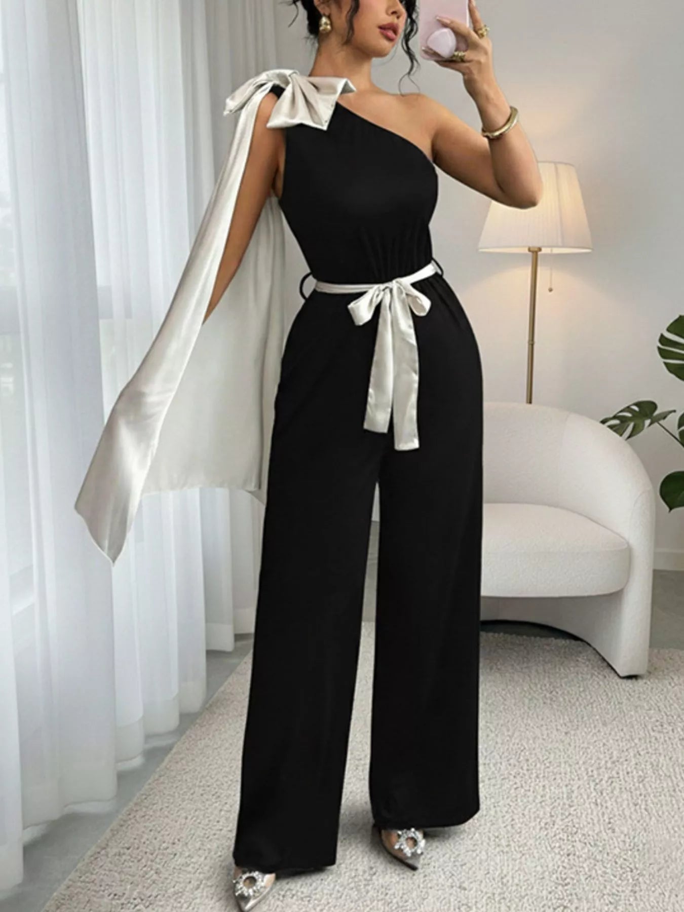 Black One-Shoulder Bowknot Wide Leg Jumpsuit Women
