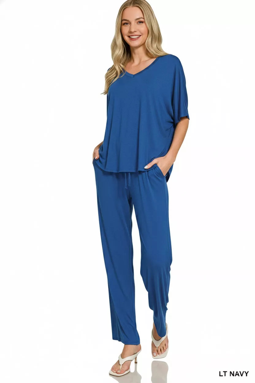 Women’s Blue Two-Piece Lounge Set Relaxed Top & Wide Leg Pants | JLouren