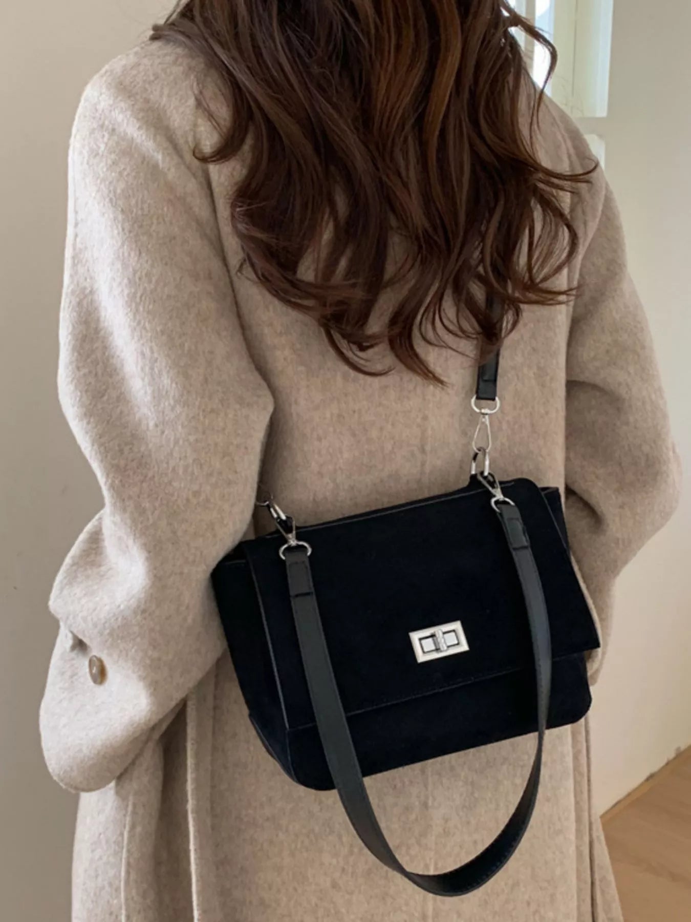 Black Suede Flap Crossbody Bag for Women