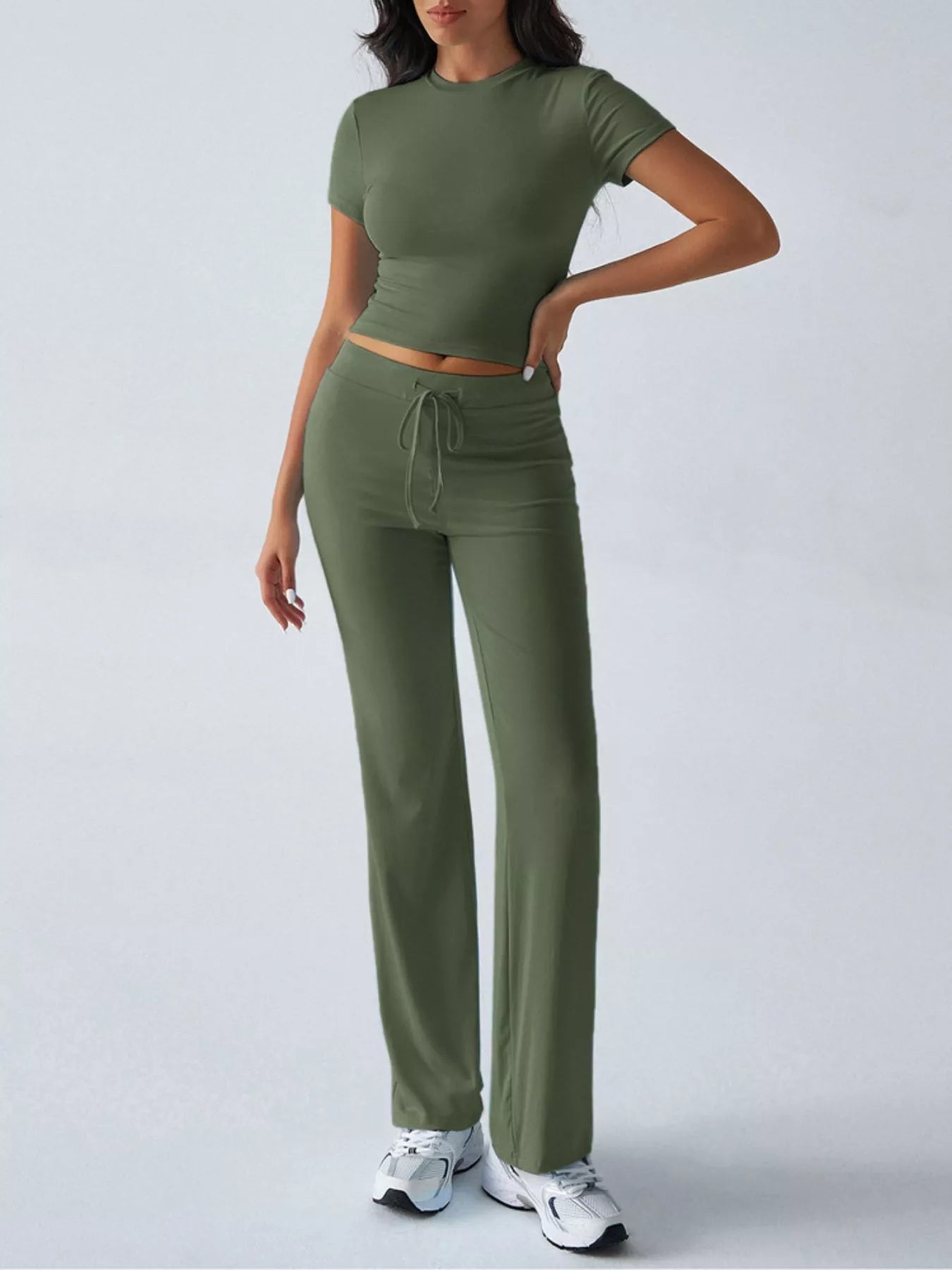 Mock Neck Cropped Top and Drawstring Flared Pants Set | JLouren