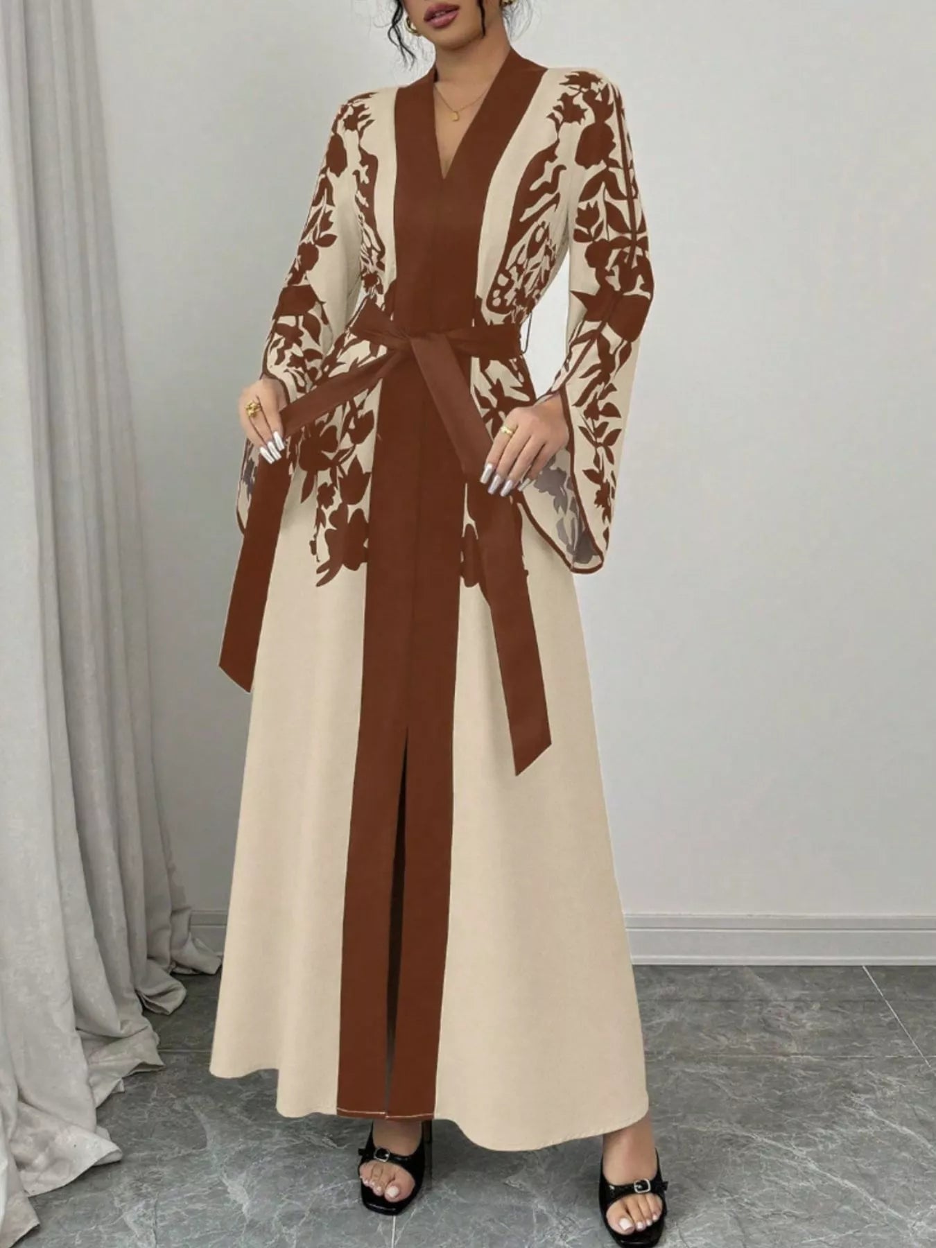 Women Printed Tie Waist Long Sleeve Maxi Dress | Jlouren