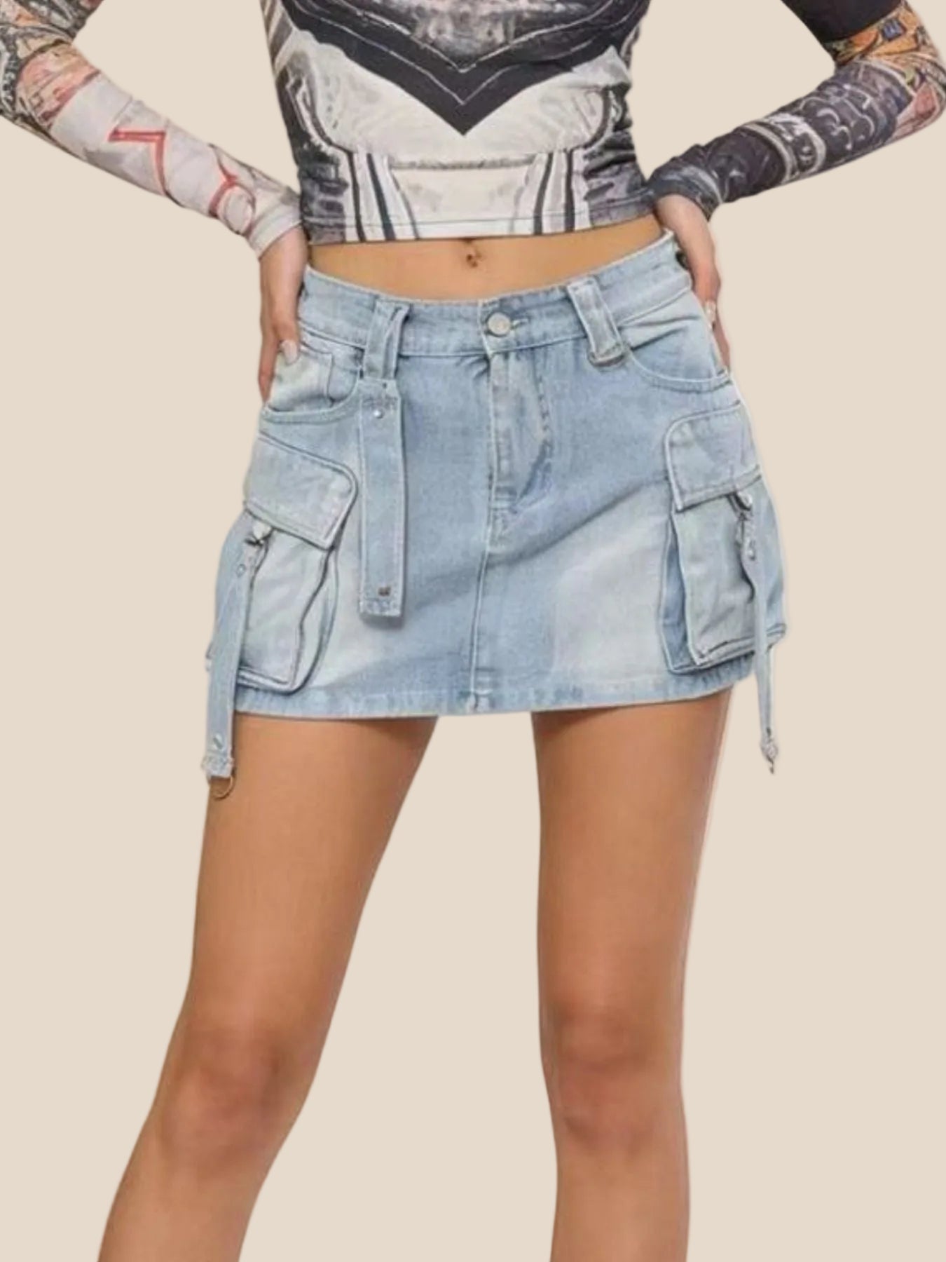 Denim skirt worn by a person on a beige background