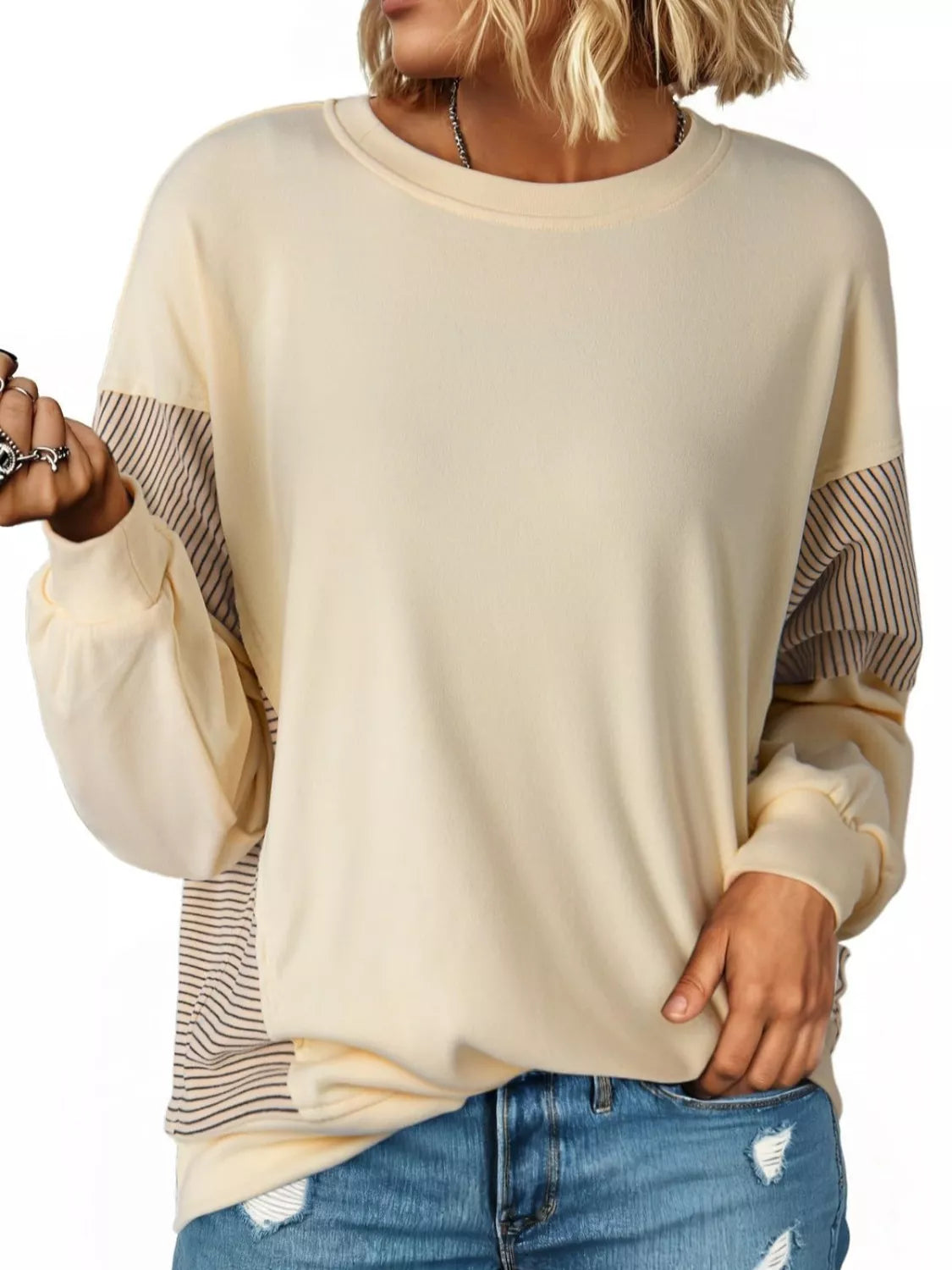 Color Block Striped Sleeve Casual Oversized Sweatshirt