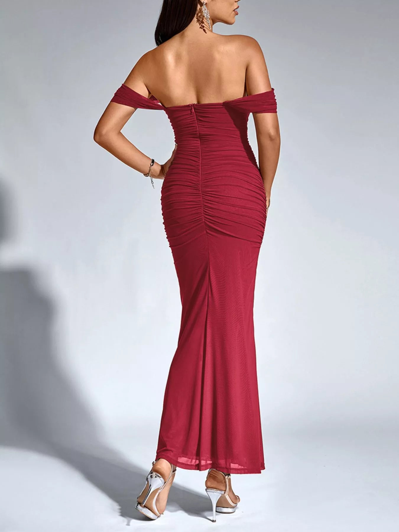 Burgundy Off-Shoulder Ruched Mermaid Maxi Dress | Jlouren