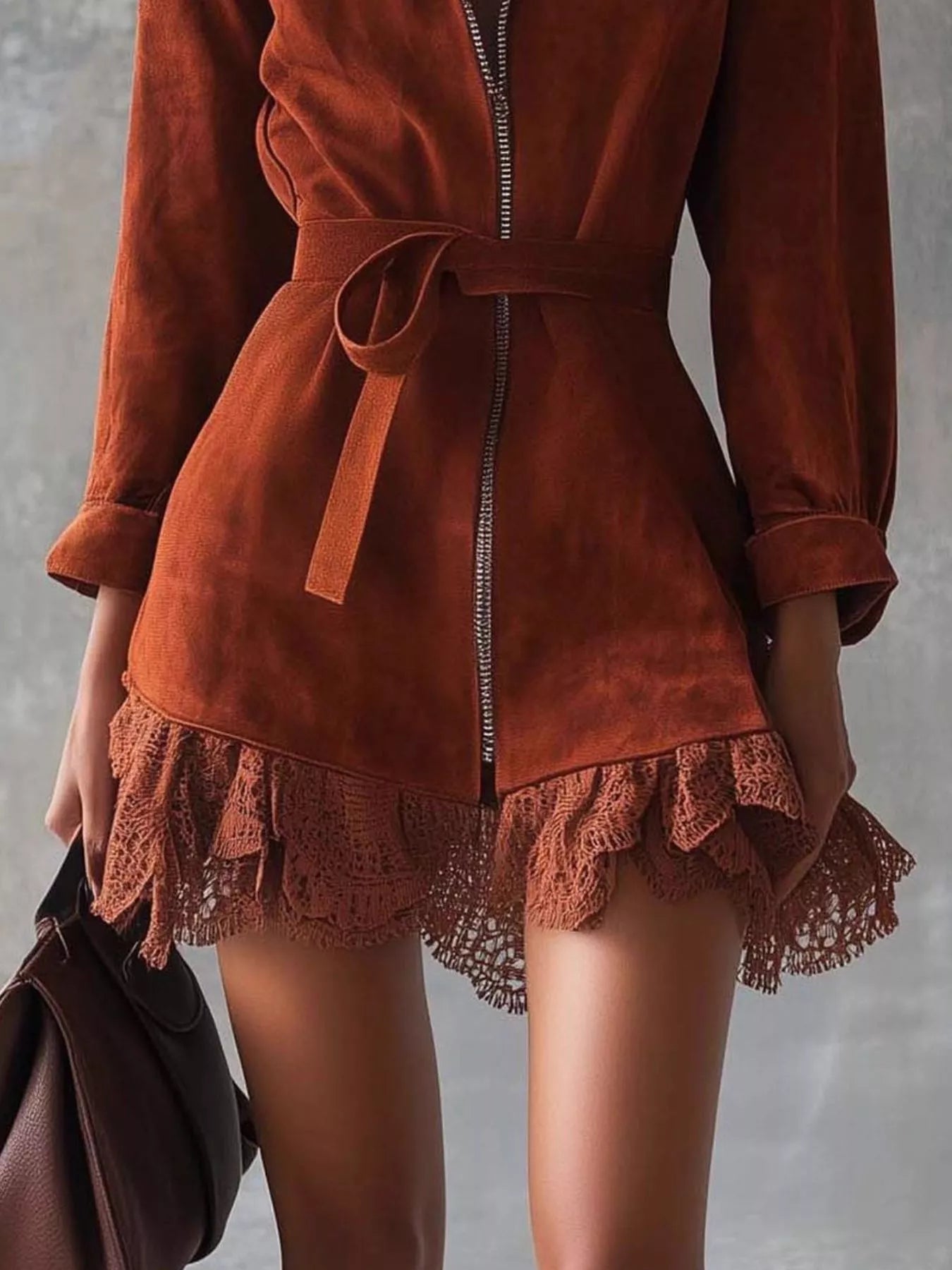 Women’s Red Front Zip Long Sleeve Lace Mini Dress | JLouren