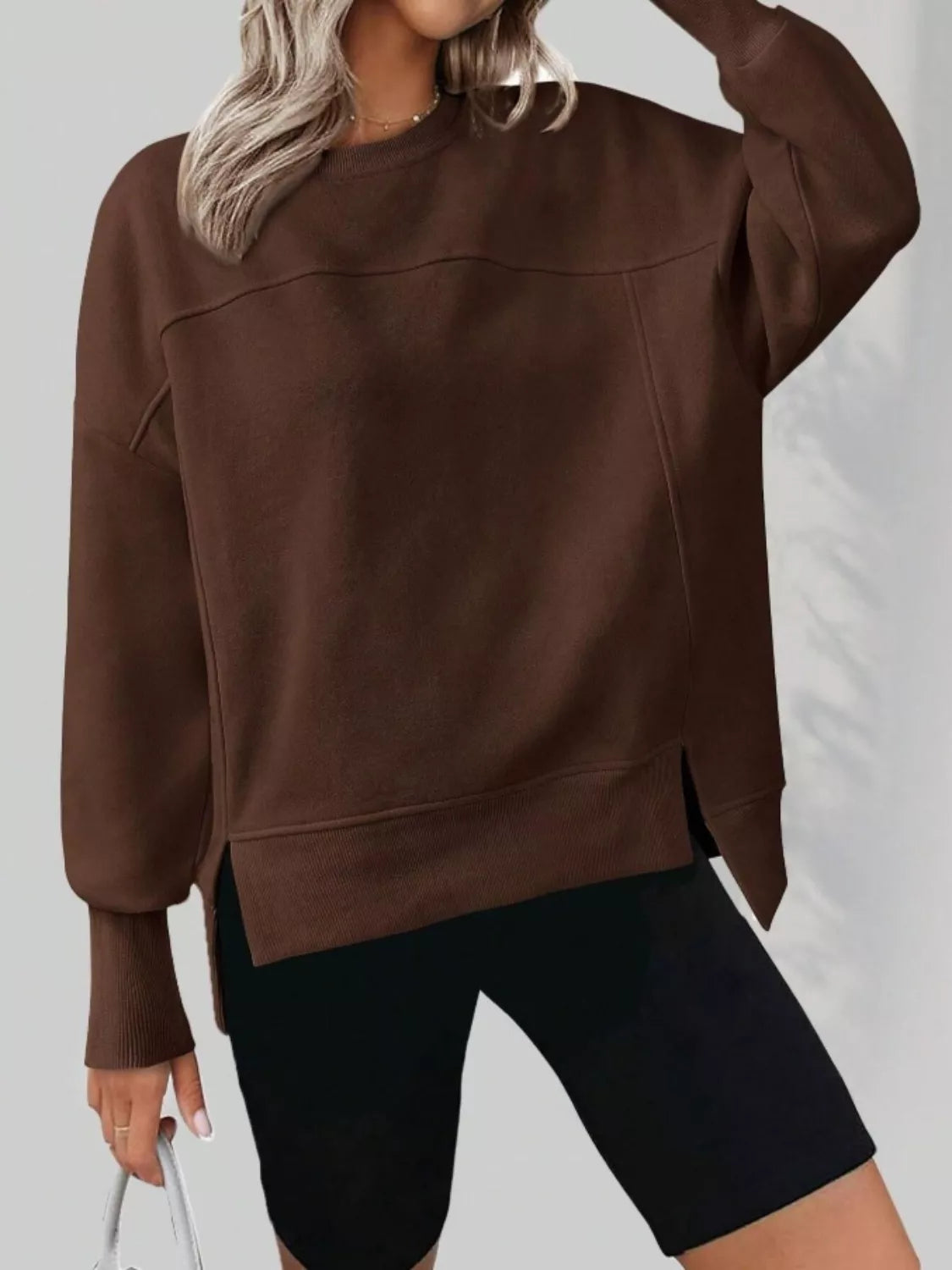 Casual Loose Side Slit Crewneck Sweatshirt