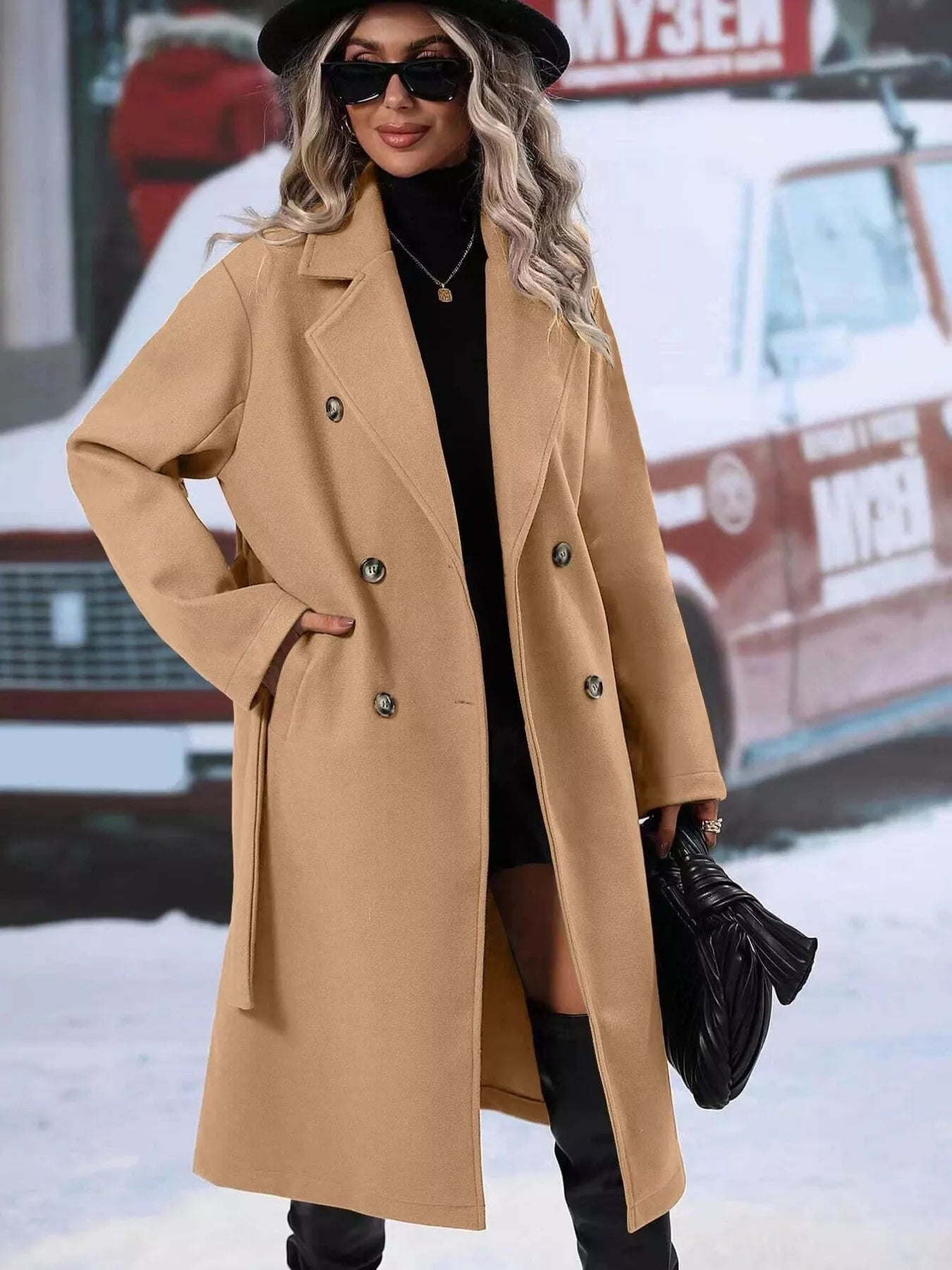 Khaki Double-Breasted Lapel Collar Trench Coat Women