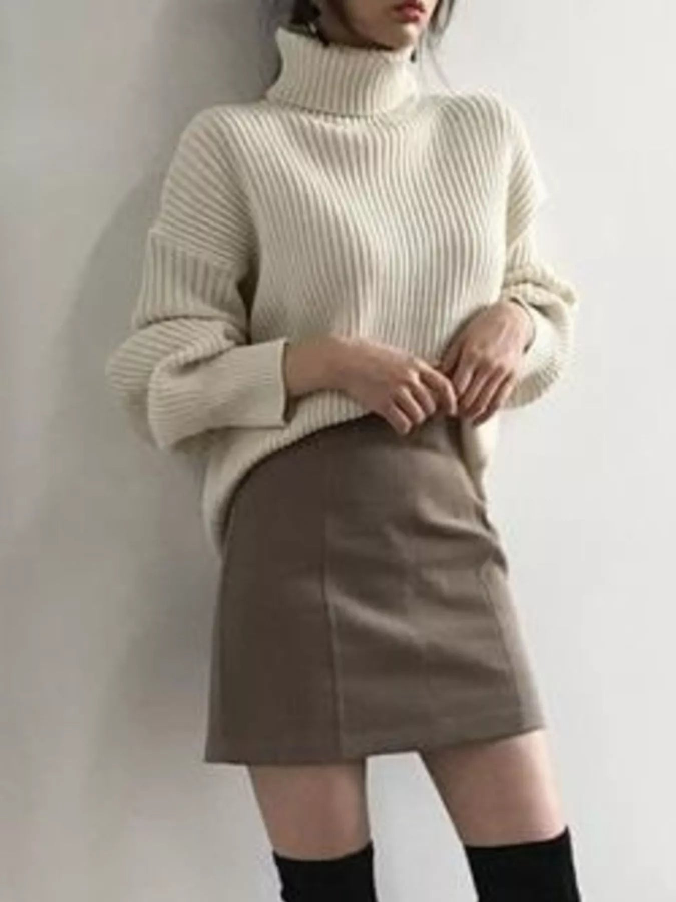 Cream Full Size Ribbed Knit Oversized Turtleneck Sweater