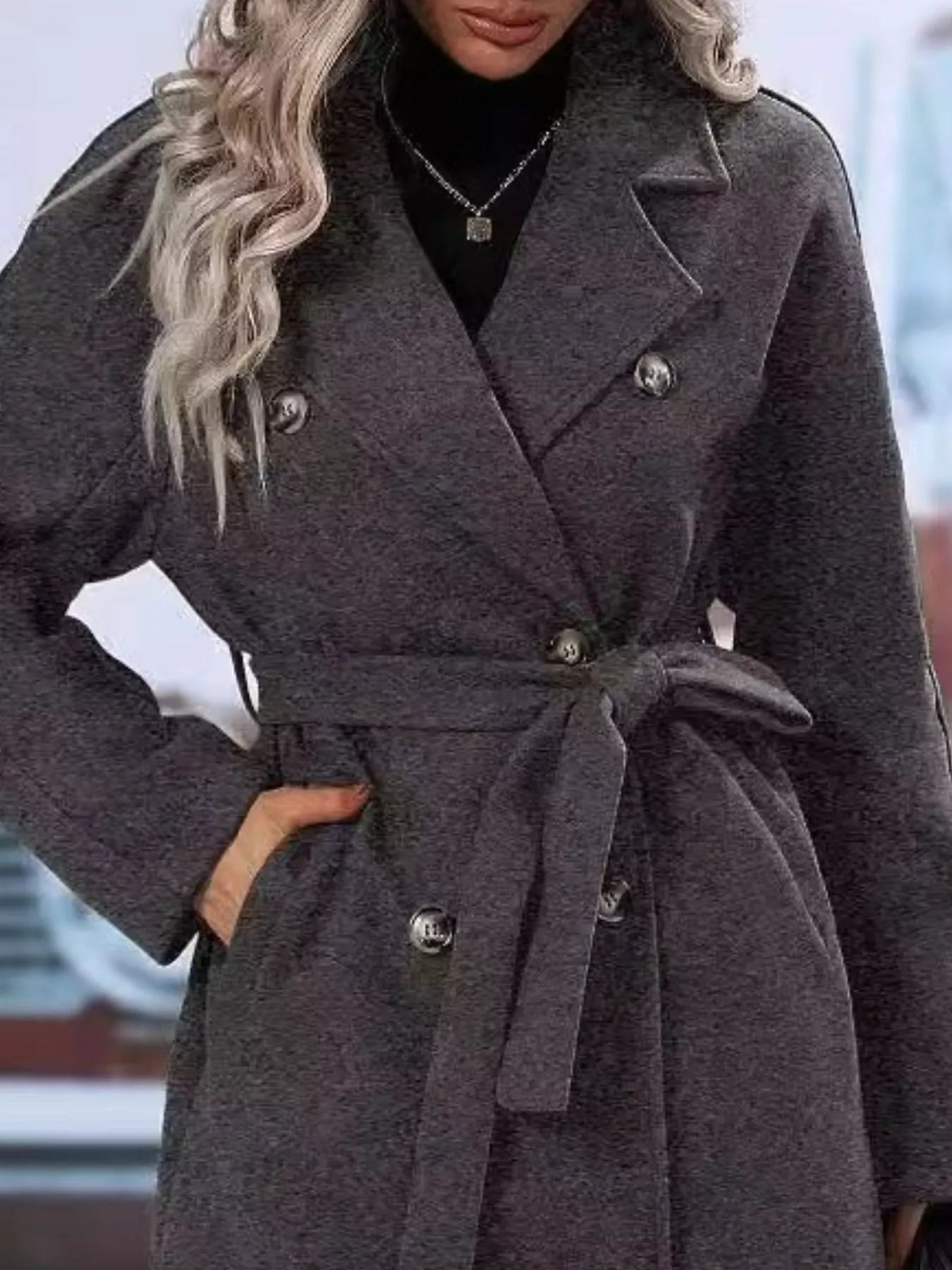 Dark Gray Double-Breasted Lapel Collar Trench Coat Women