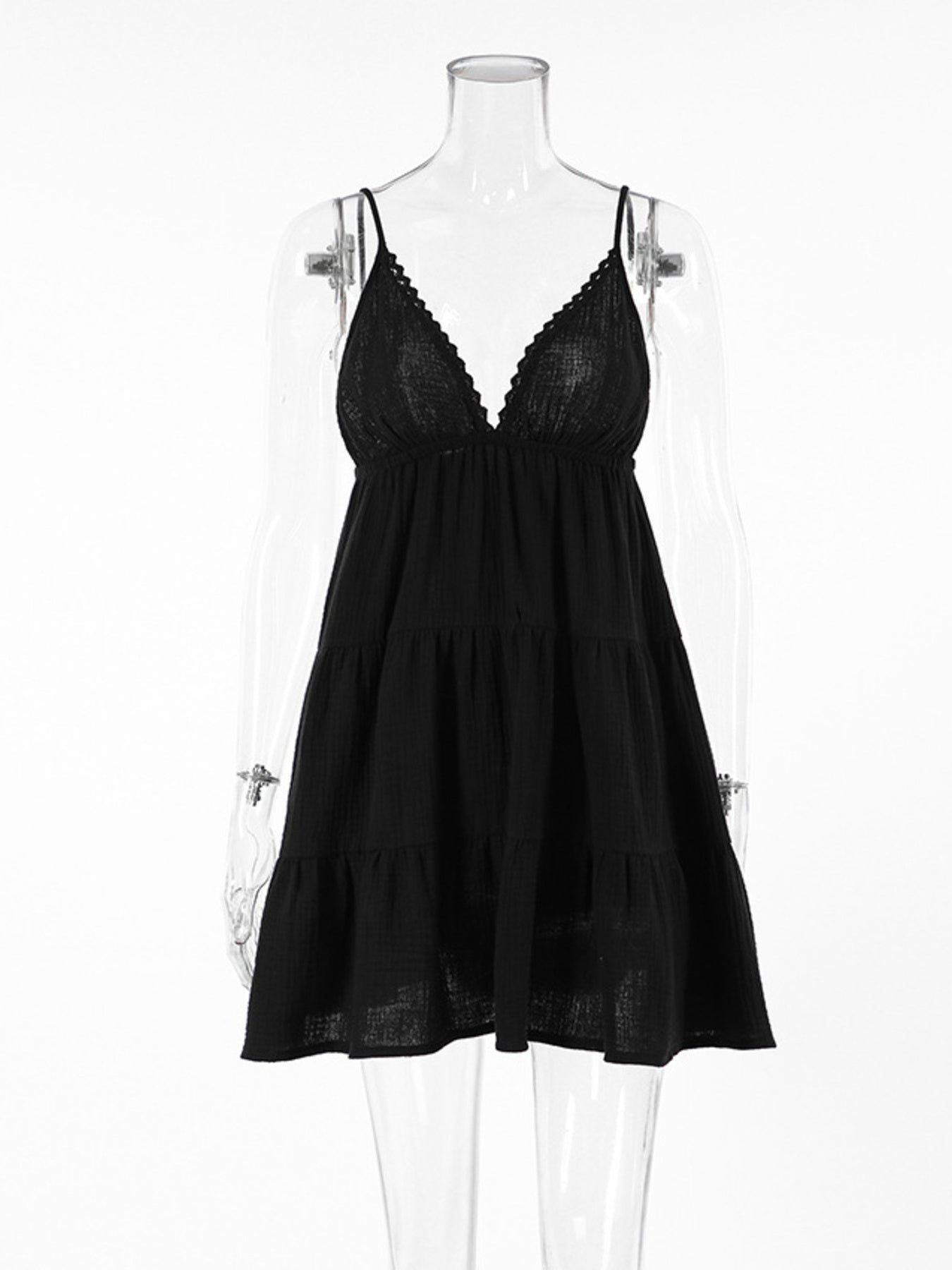 Black Women’s V-Neck Tiered Mini Dress – Flowy Lightweight Summer Dress with Ruffle Detail