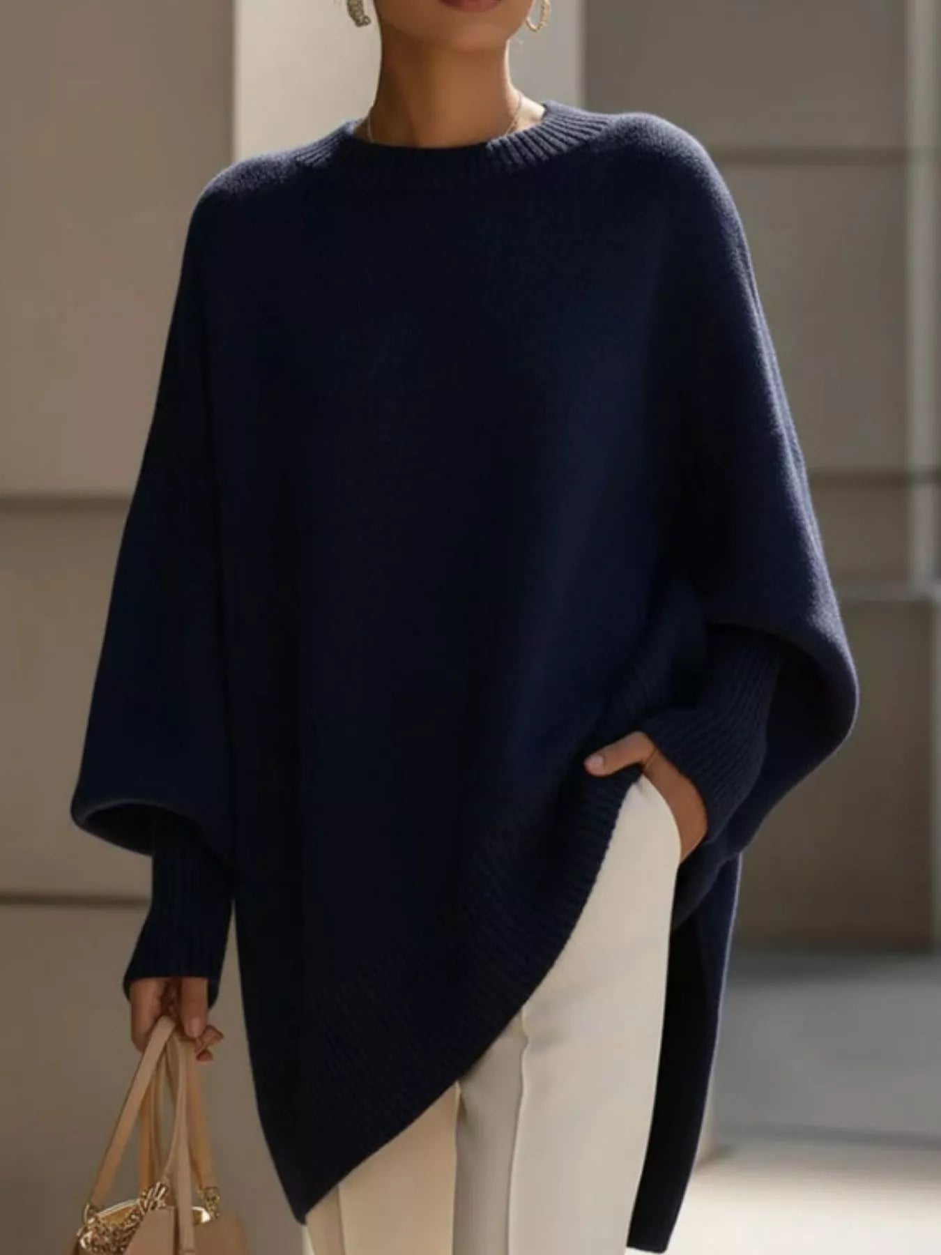 Navy Blue Oversized Round Neck Long Sleeve Sweater | Jlouren
