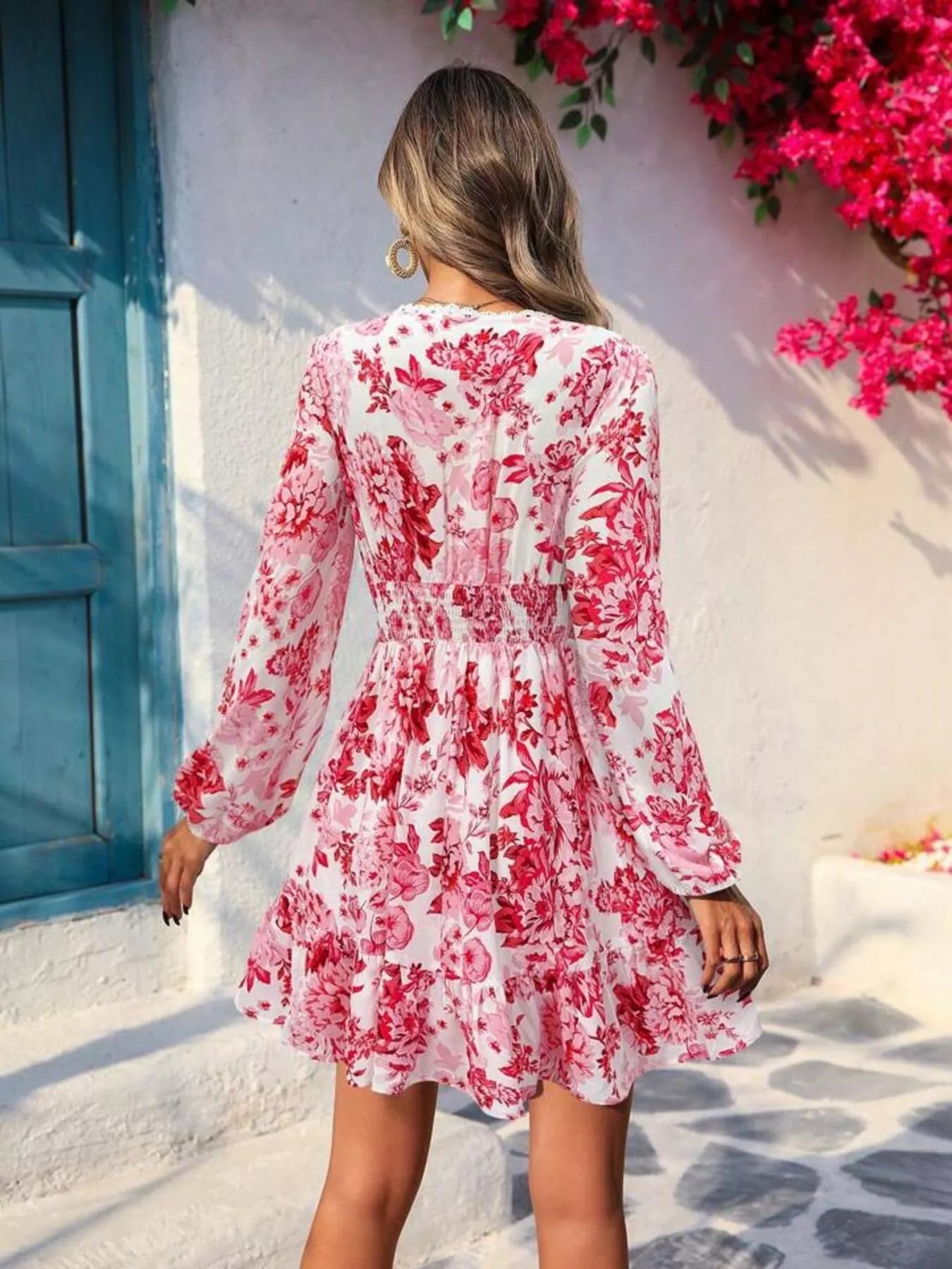 Women’s V-Neck Long Sleeve Ruffle Hem Pink Floral Dress