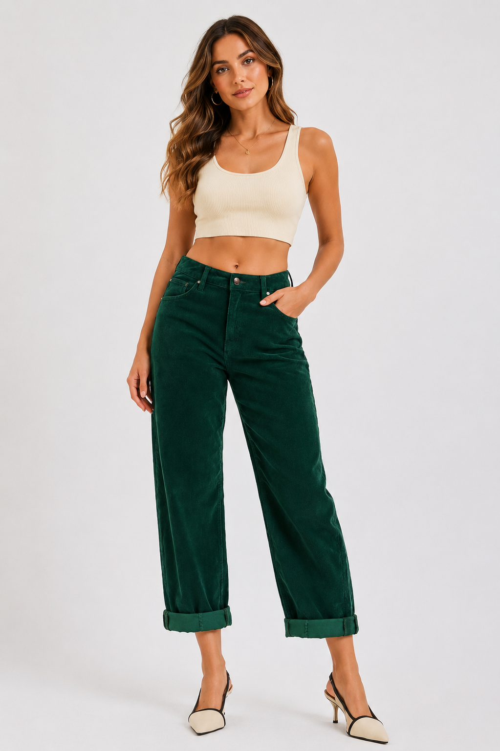 Hunter Green High Rise Barrel Corduroy Pants