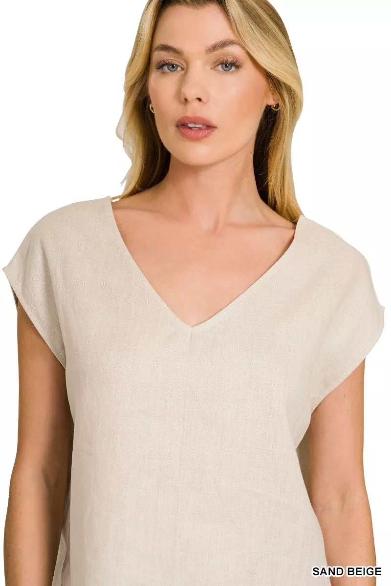 Women Beige V-Neck Cap Sleeve Blouse | JLouren
