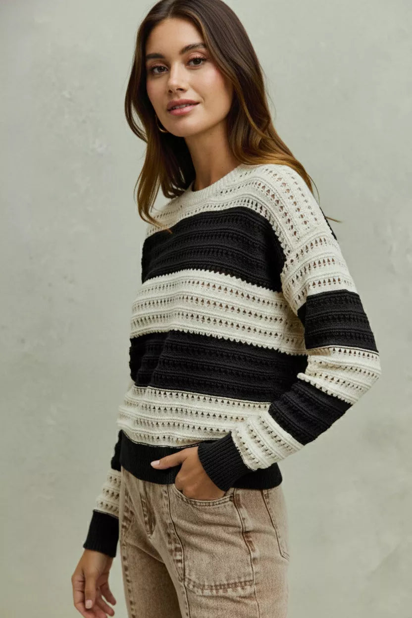 Women’s Openwork Round Neck Striped Textured Knit Sweater | JLouren