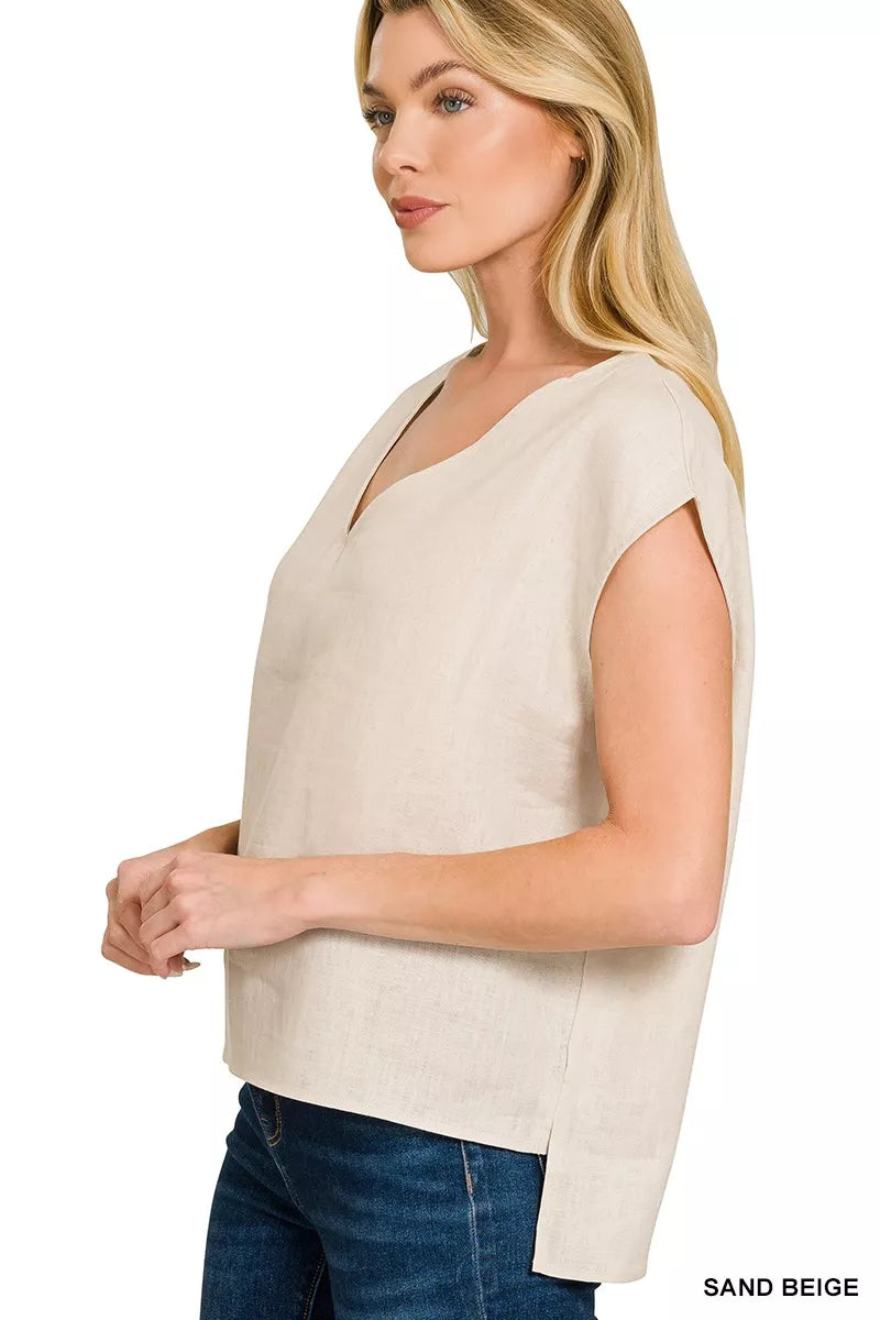 Women Beige V-Neck Cap Sleeve Blouse | JLouren