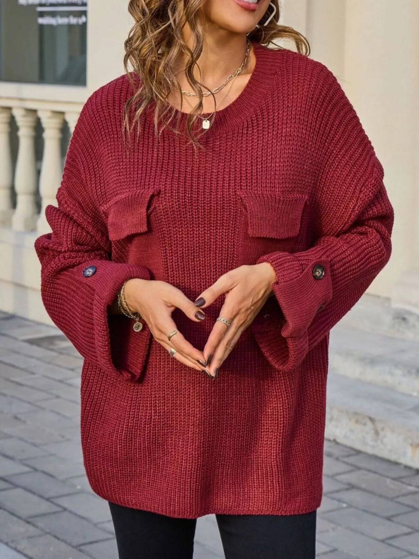 Pocket Detail Round Neck Knitted Sweater Women | JLouren