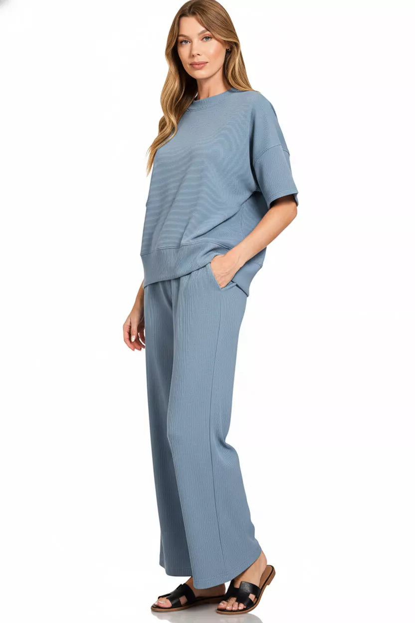 Women’s Two-Piece Blue Ribbed Lounge Set with Wide-Leg Pants | JLouren