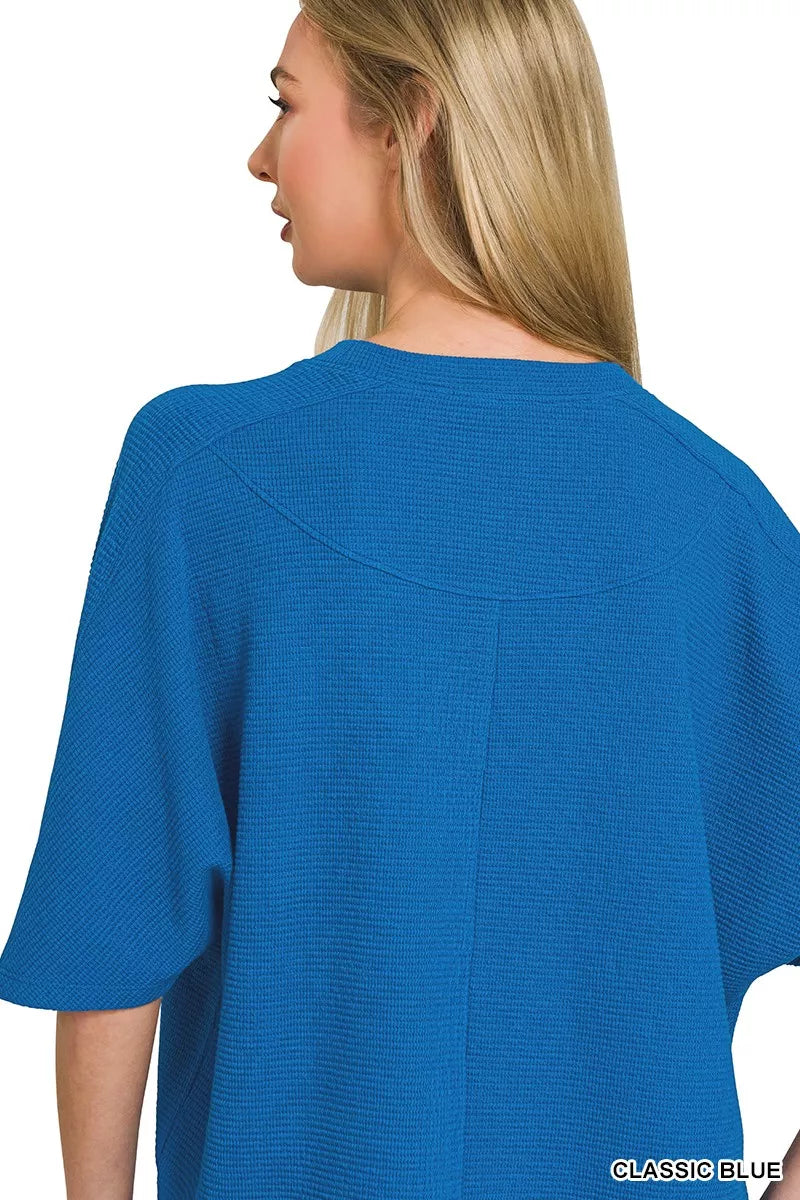 Women’s Blue Loose-Fit Knit Top with Flowy Short Sleeves | JLouren