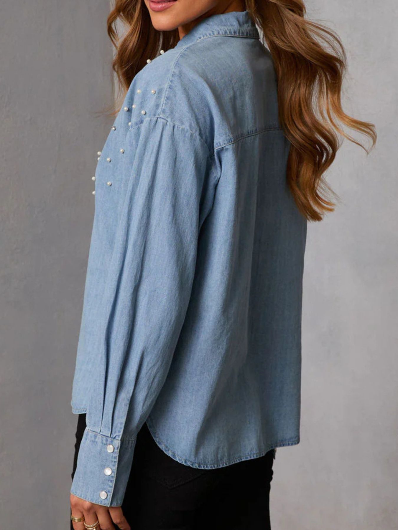 Pearl Embellished Button-Up Denim Shirt – Chic Statement Denim Top for Women | JLouren
