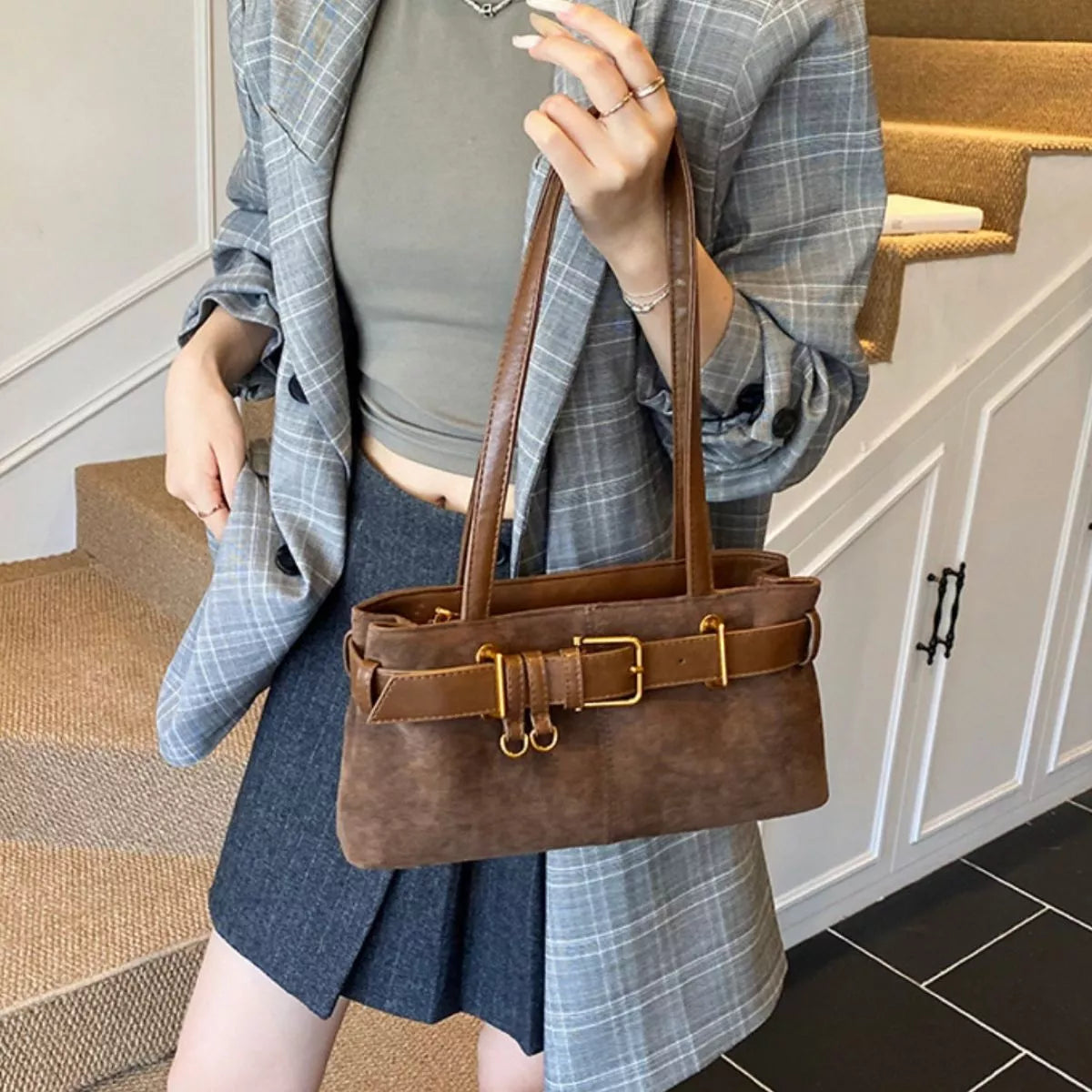 Vintage Buckle Decor Shoulder Bag