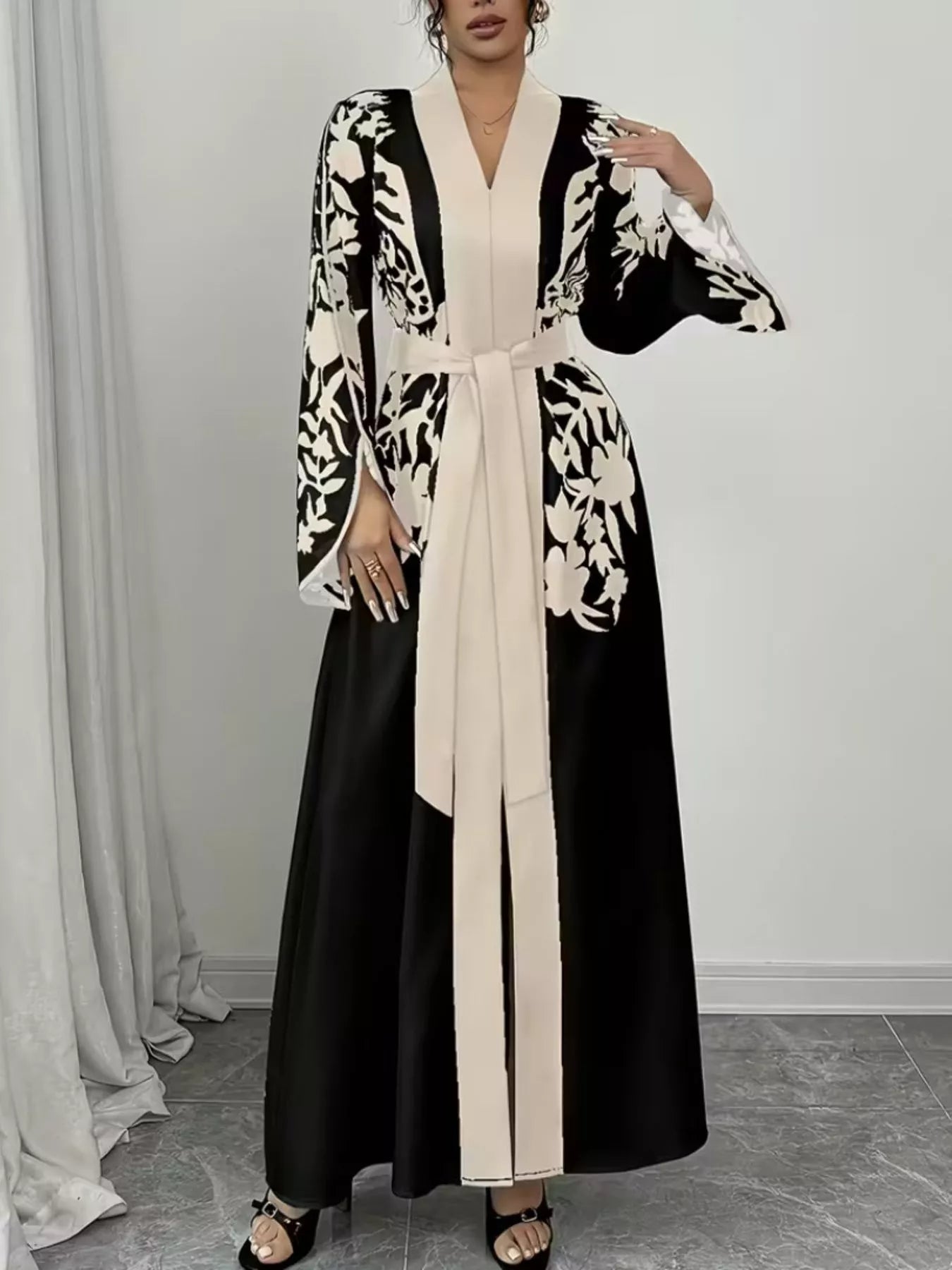 Women Printed Tie Waist Long Sleeve Maxi Dress | Jlouren