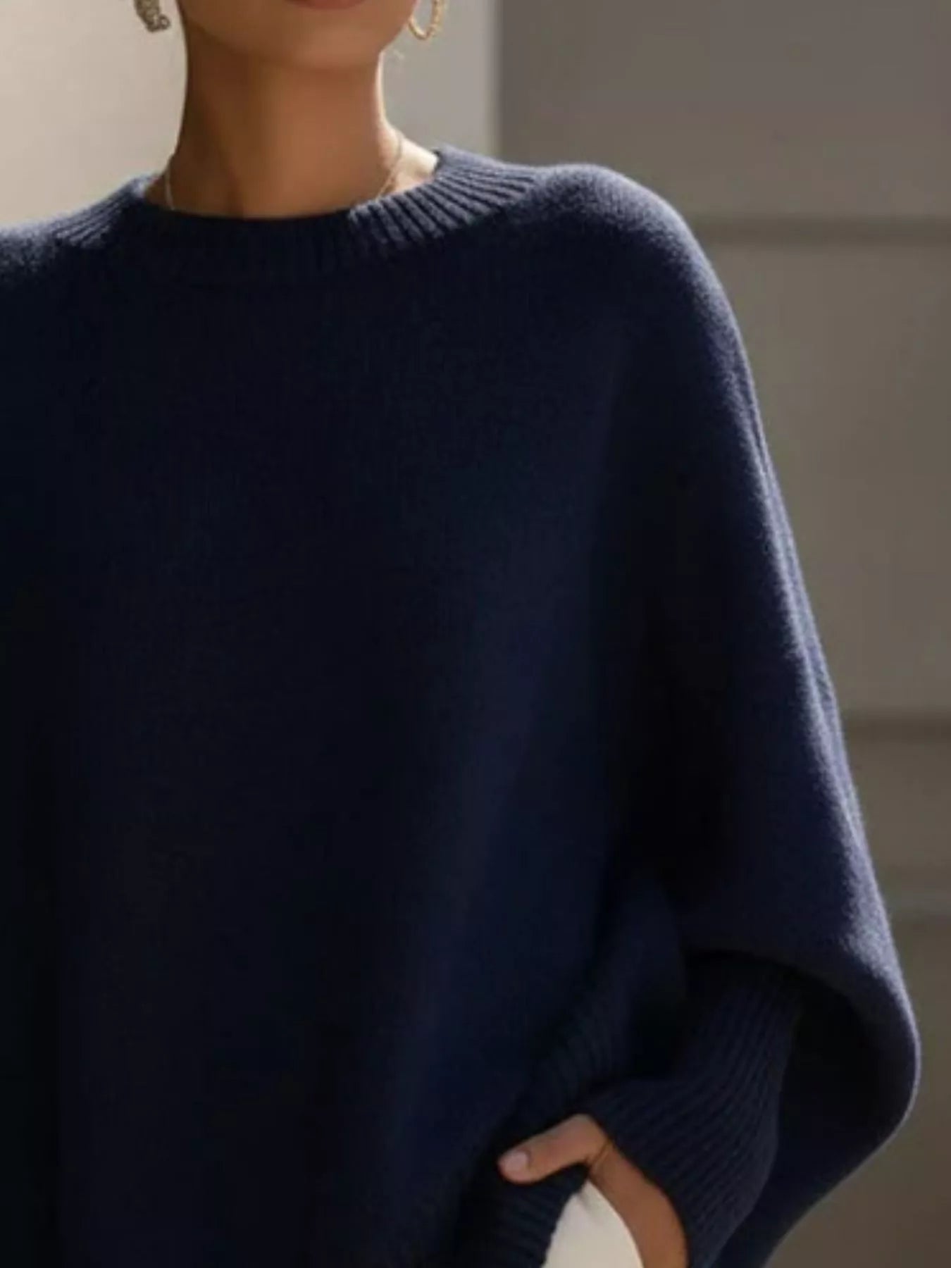 Navy Blue Oversized Round Neck Long Sleeve Sweater | Jlouren