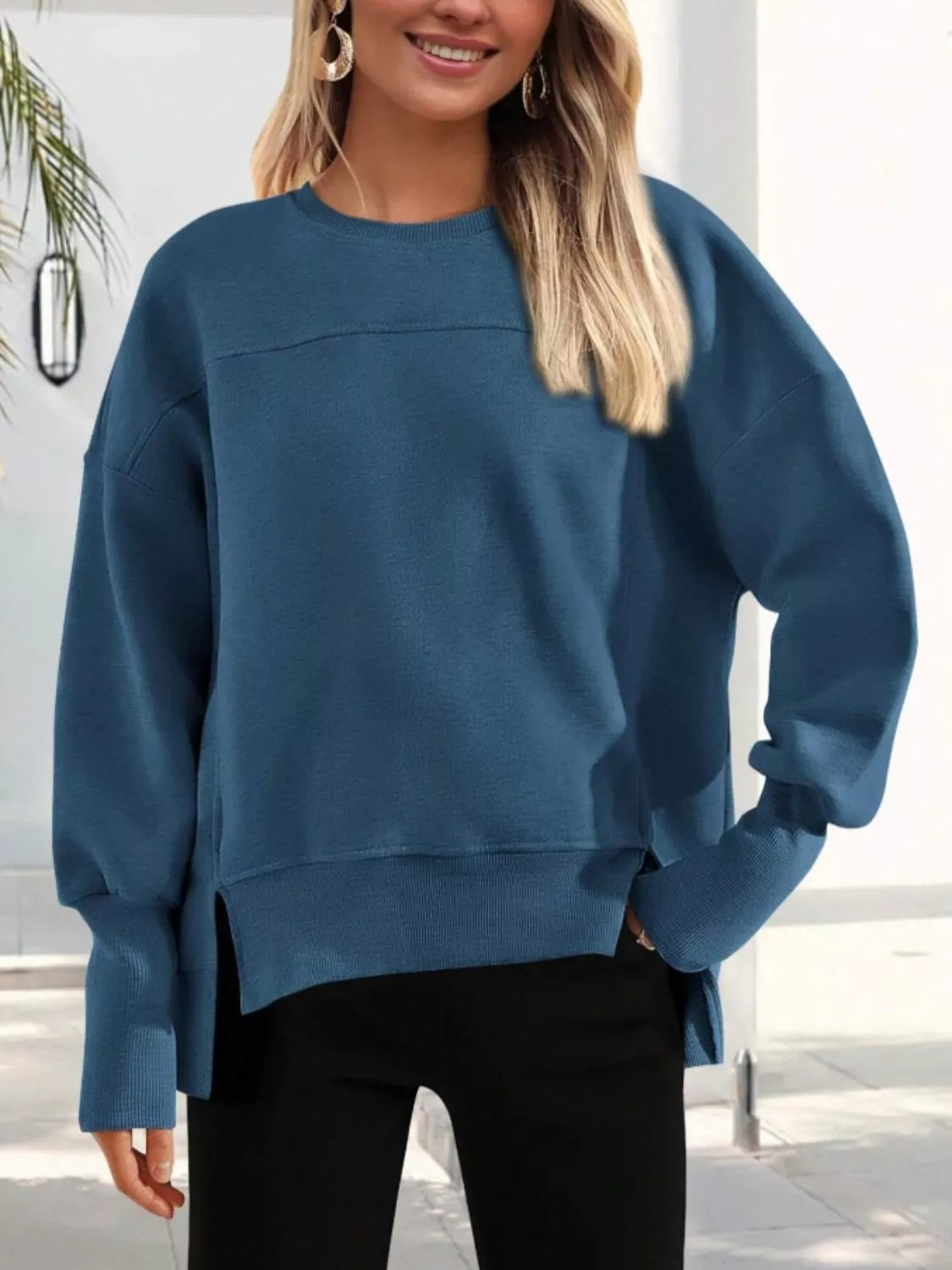 Casual Loose Side Slit Crewneck Sweatshirt