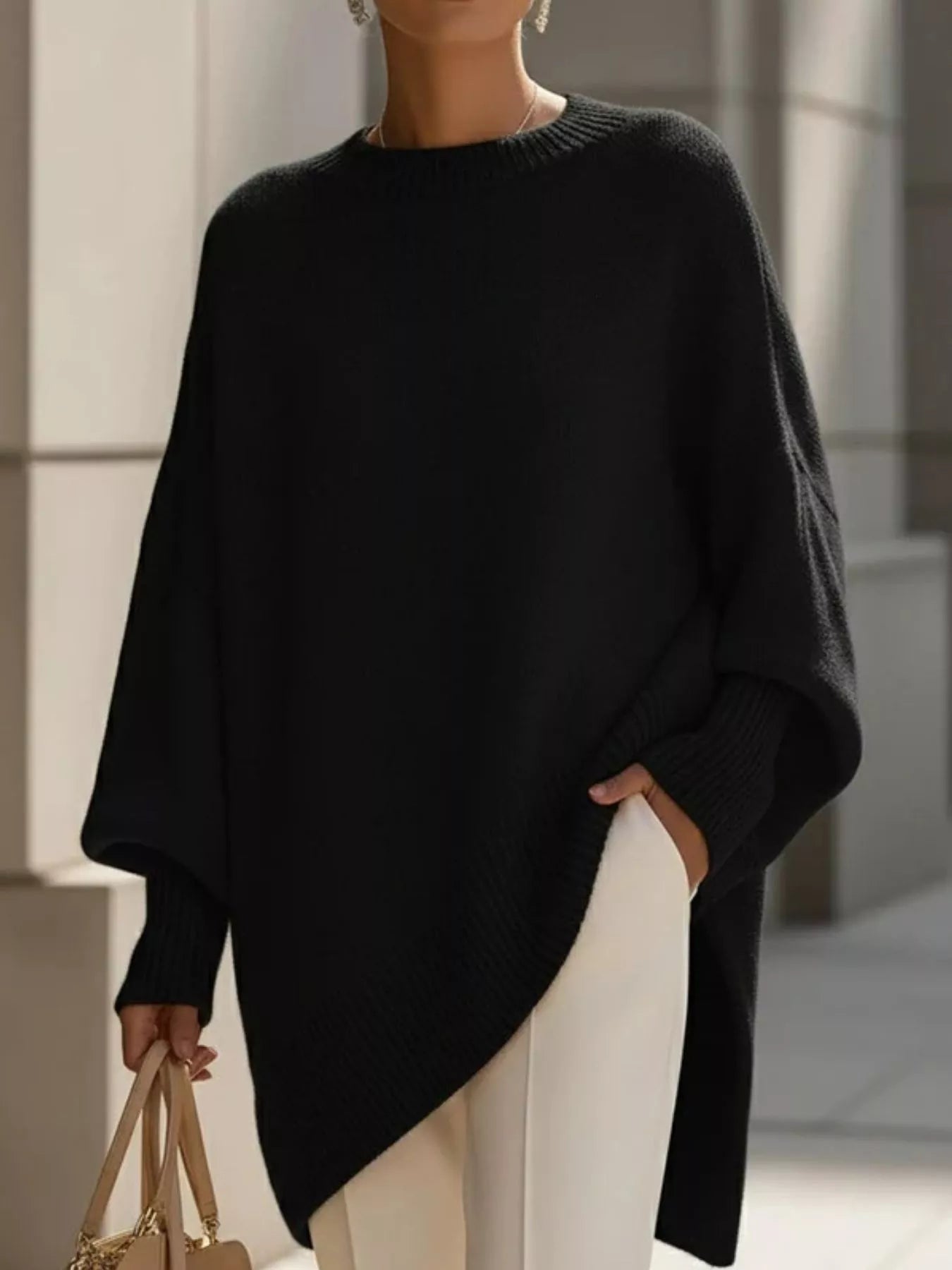 Black Oversized Round Neck Long Sleeve Sweater | Jlouren