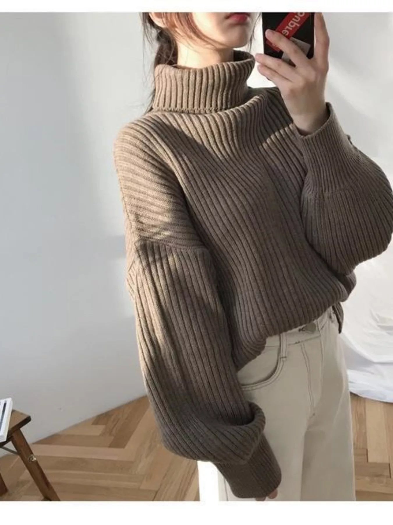 Full Size Ribbed Knit Oversized Turtleneck Sweater