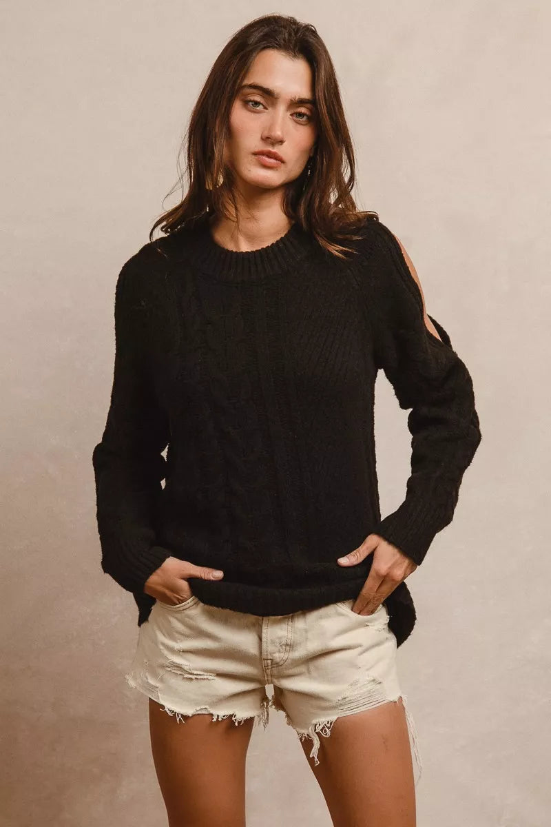 Women’s Black Cold Shoulder Long Sleeve Knit Top