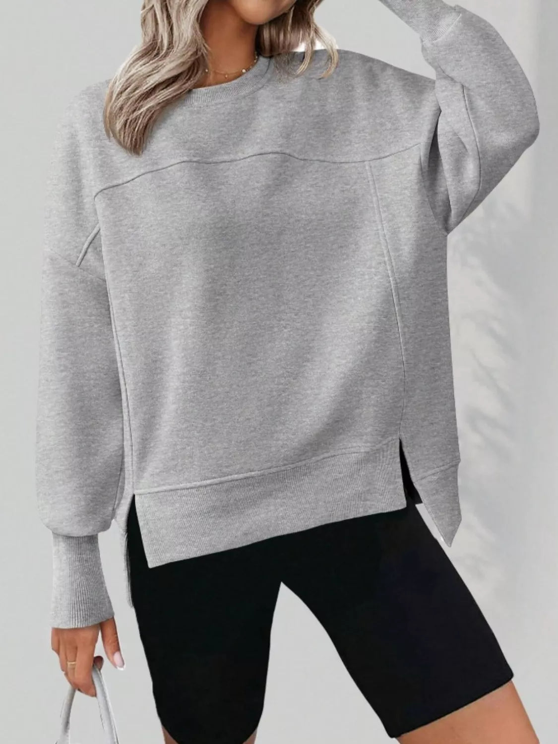 Casual Loose Side Slit Crewneck Sweatshirt