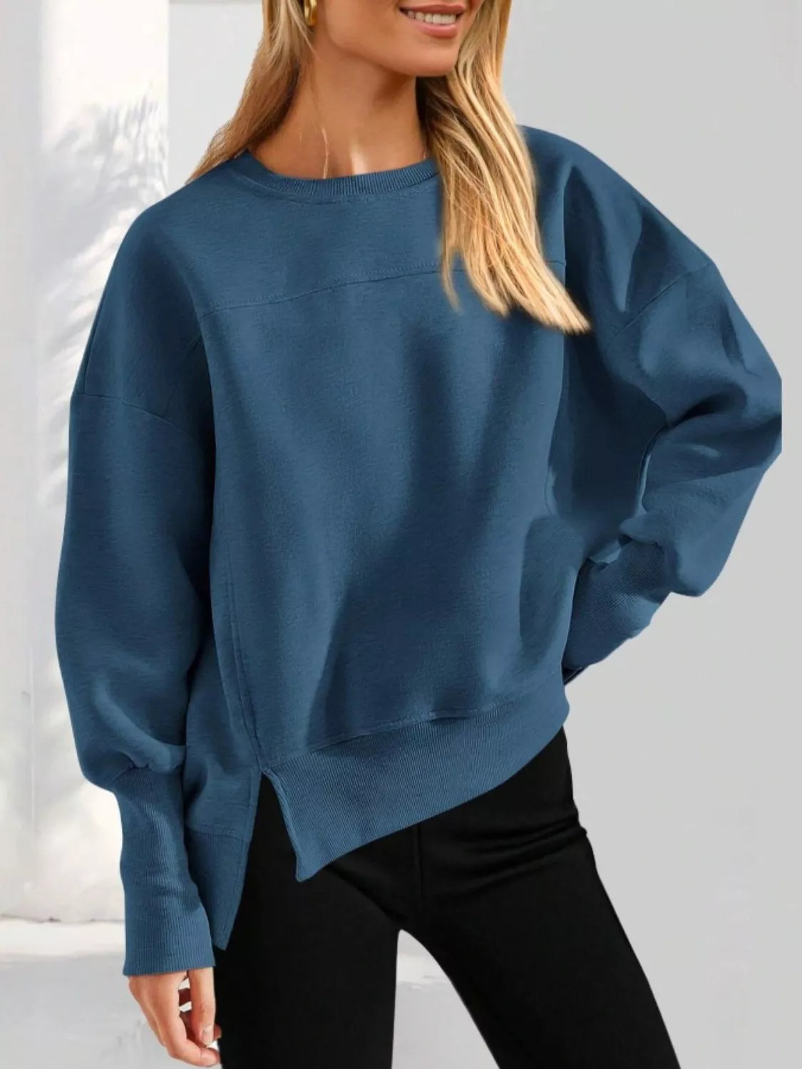 Casual Loose Side Slit Crewneck Sweatshirt