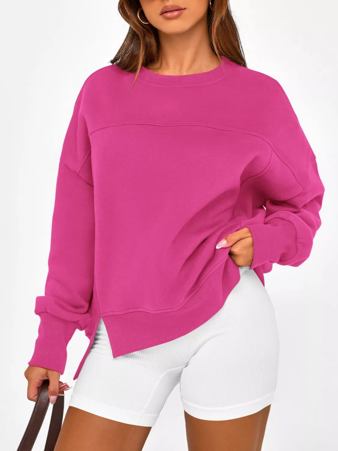 Casual Loose Side Slit Crewneck Sweatshirt